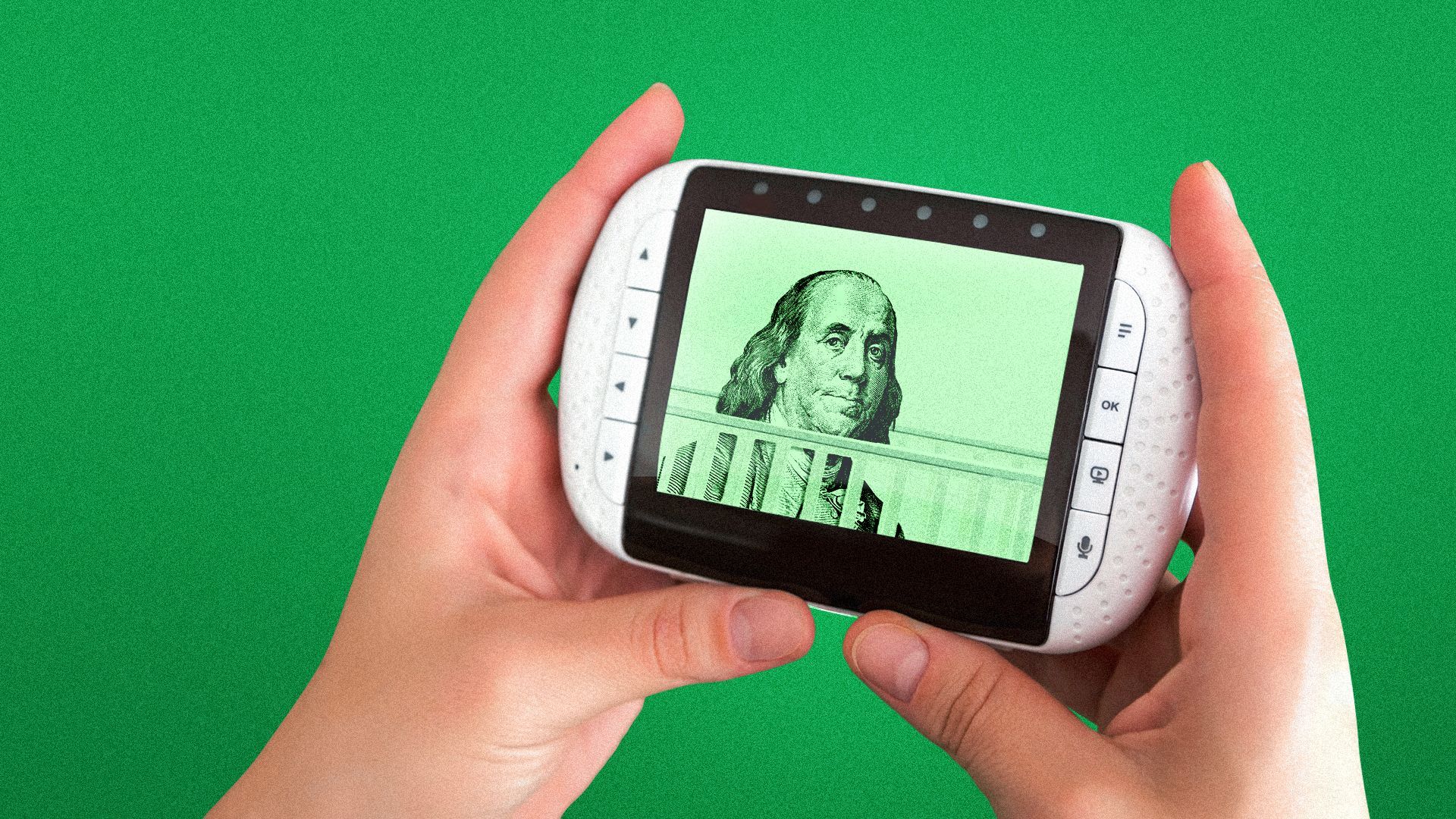 an illustration of hands holding a baby monitor and the screen is displaying ben franklin inside of a crib