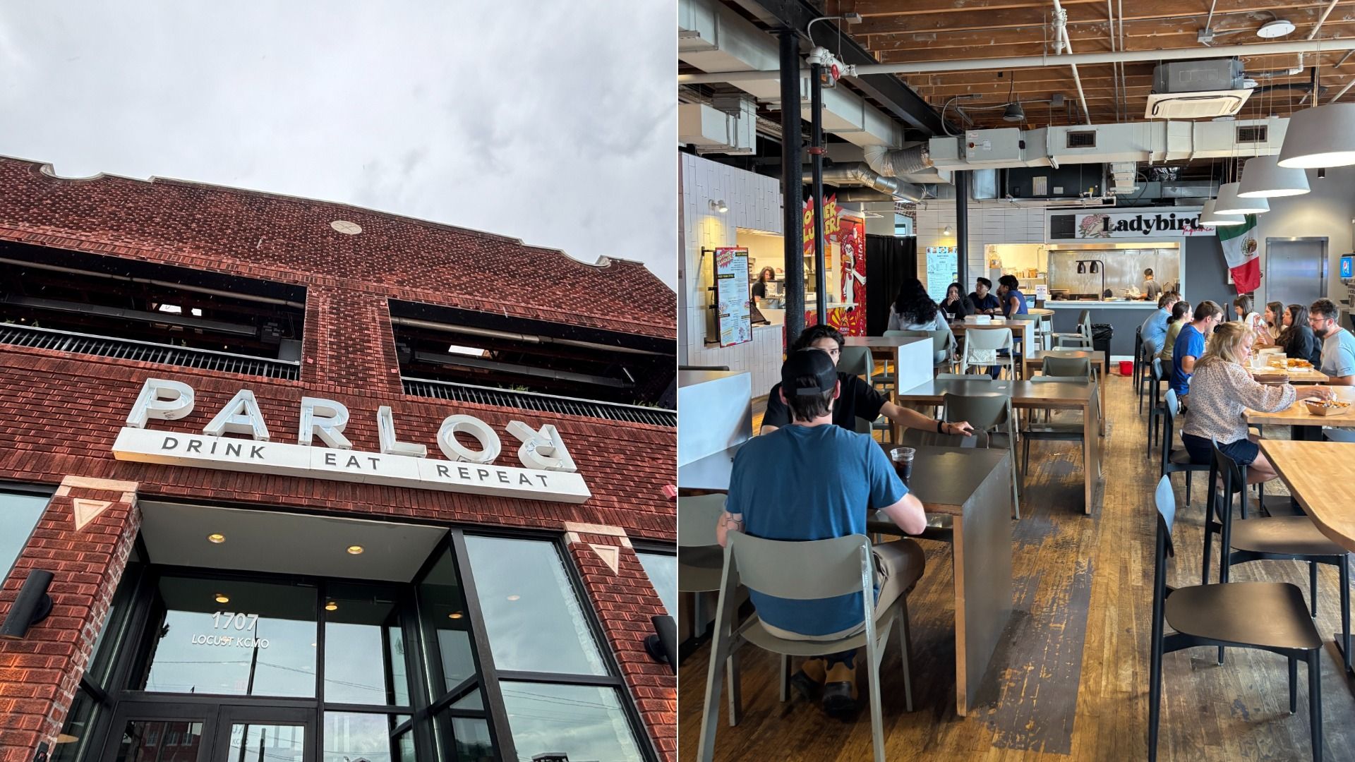 Split image: left shows a red brick building with a white sign reading "PAR" and "DRINK EAT REPEAT"; right depicts a busy industrial-style cafe with wooden tables, diners, and a "Ladybird" sign over the back counter.