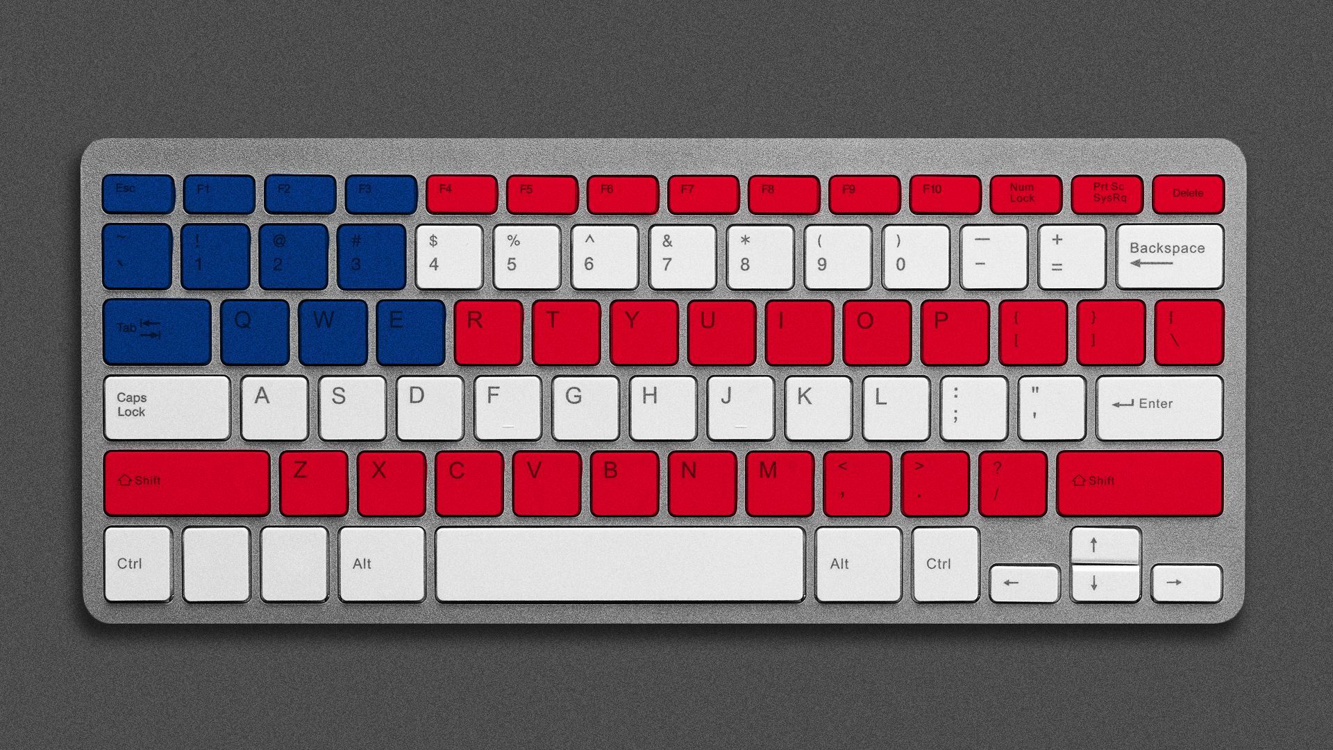 Illustration of a computer keyboard with keys colored like the American flag. 