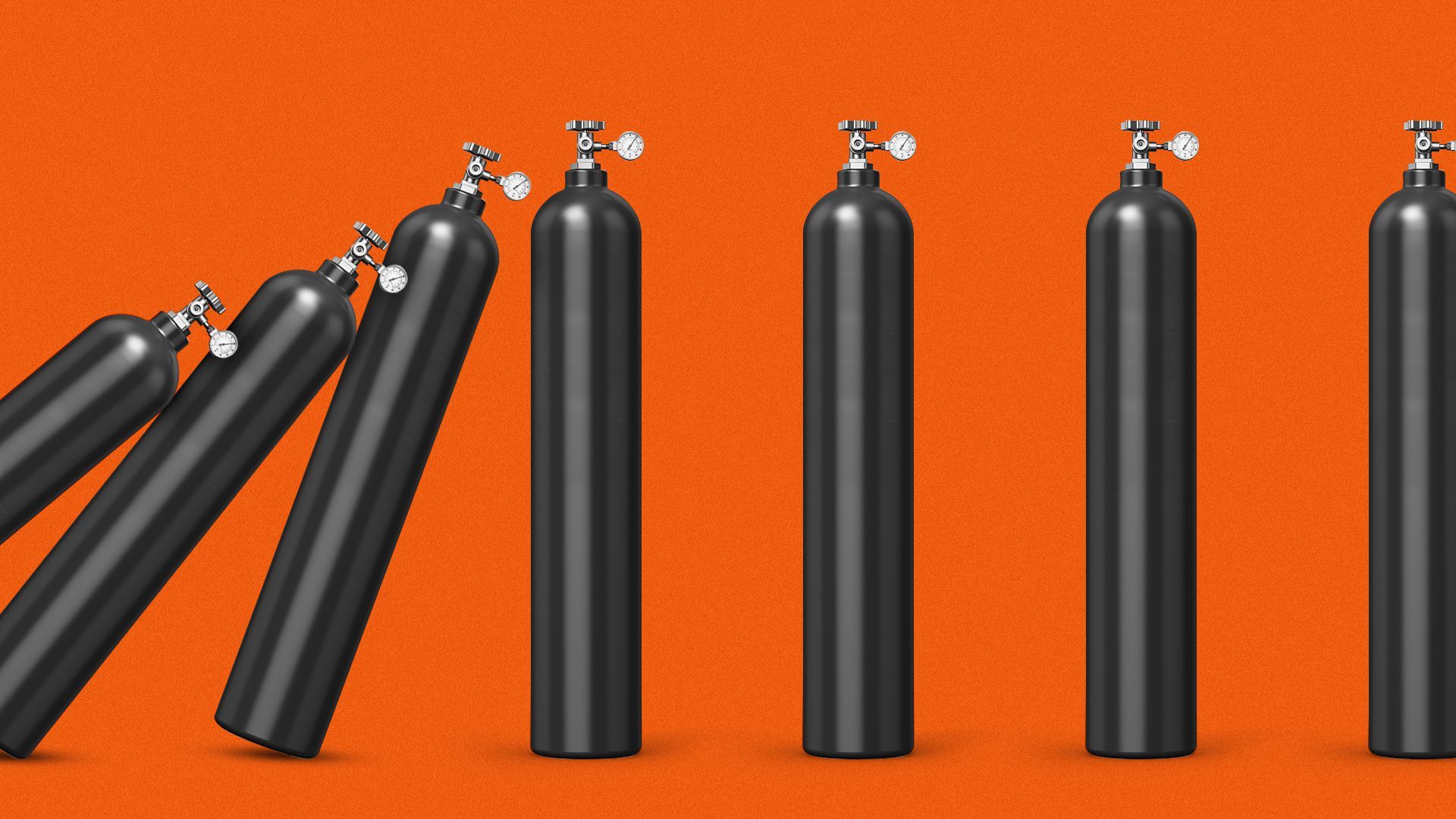 Illustration of helium gas tanks falling over like dominos. 