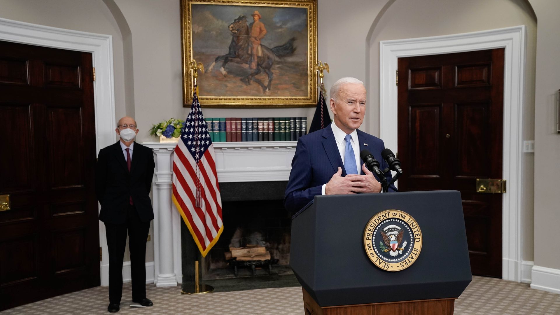 President Joe Biden speaks on the retirement of Supreme Court Associate Justice Stephen Breyer, left, in the Roosevelt Room of the White House in Washington, D.C., U.S., on Thursday, Jan. 27, 2022