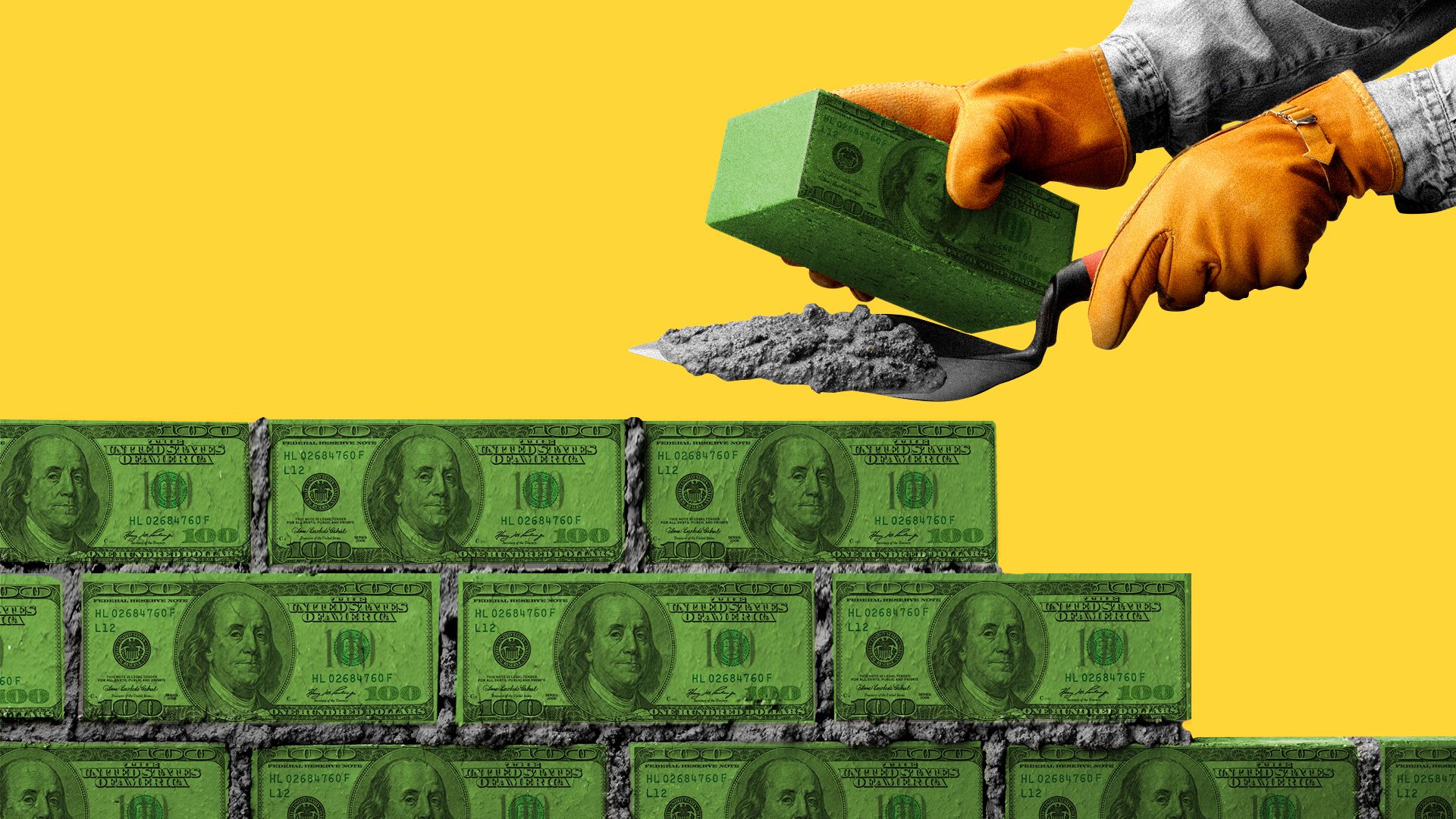 Illustration of a pair of hands laying down bricks made of hundred dollar bills.  