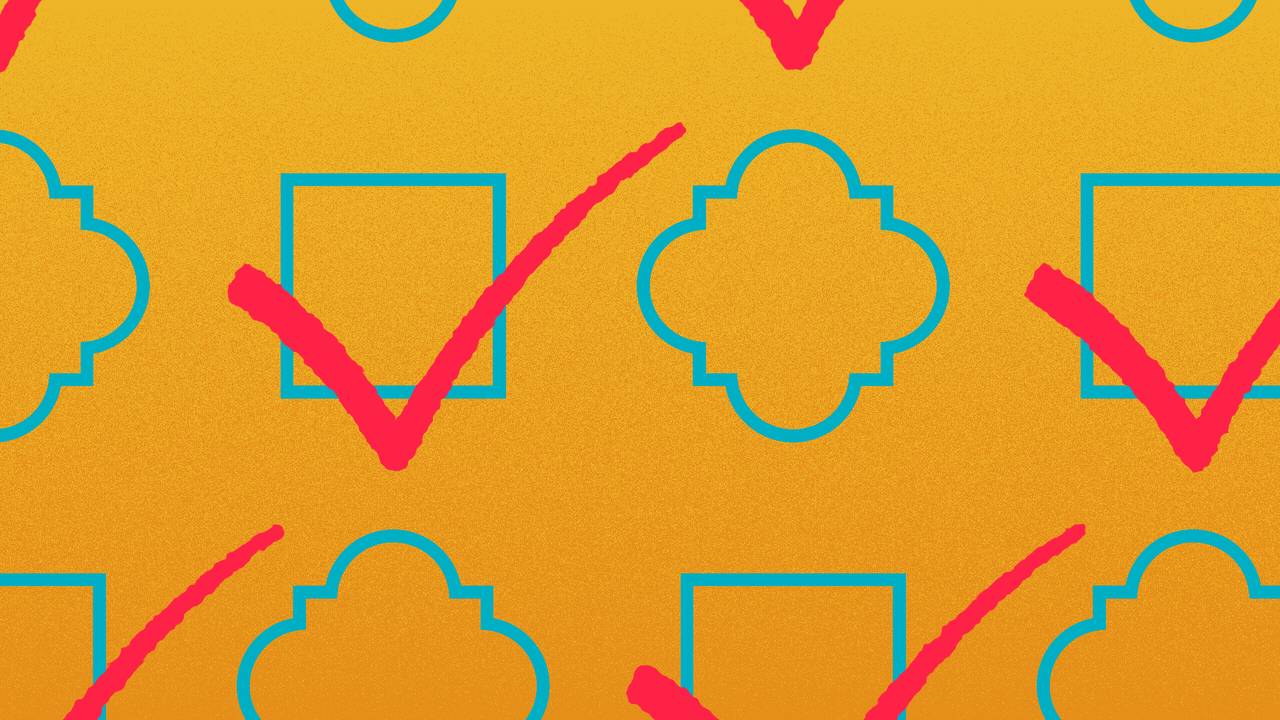 Illustration of a pattern of shapes and checkmarks. 