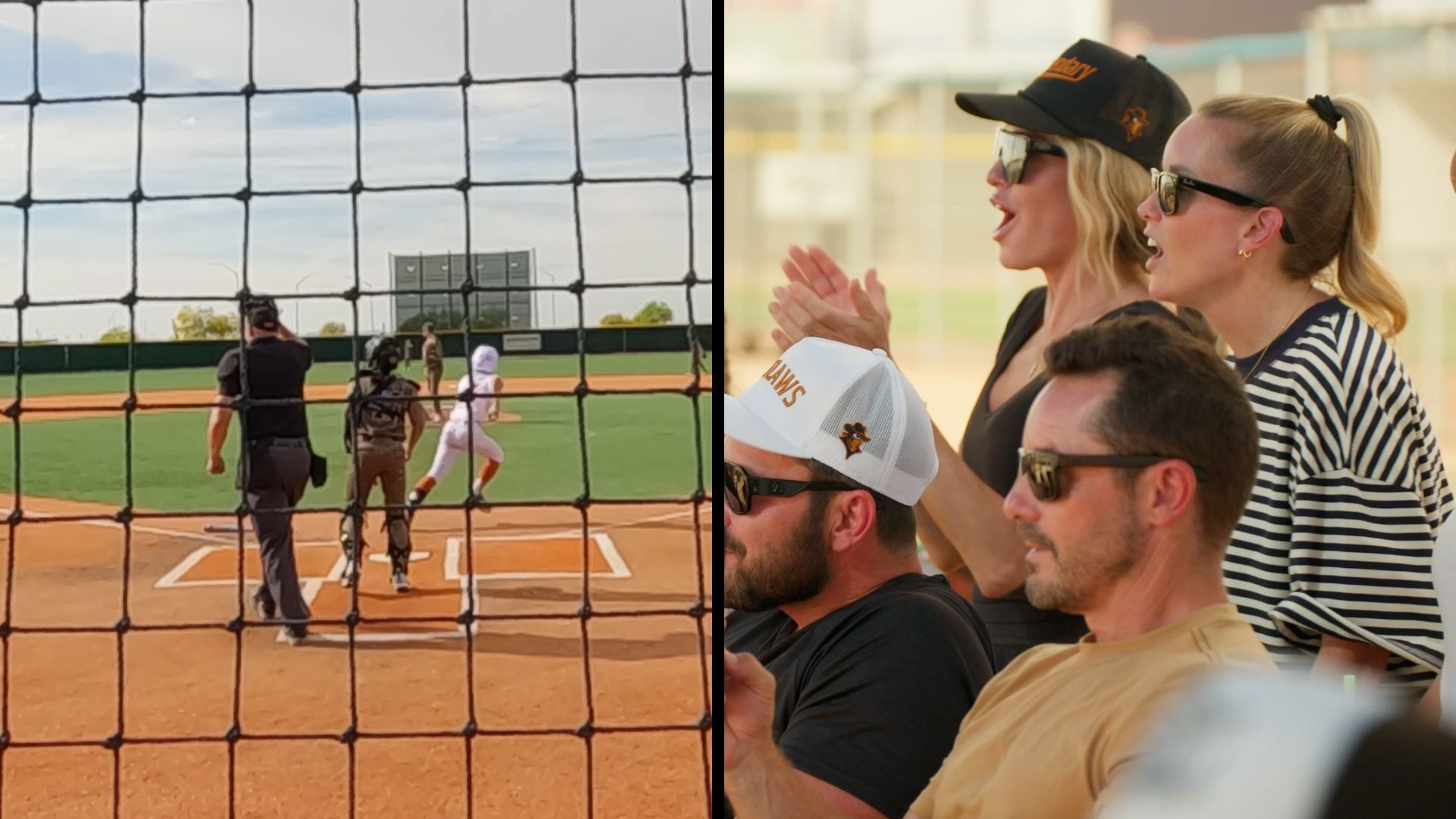 Split-view: left shows a baseball field seen through a chain-link fence with a batter at the plate and an umpire; right shows cheering spectators wearing sunglasses, a cap, and striped shirt.