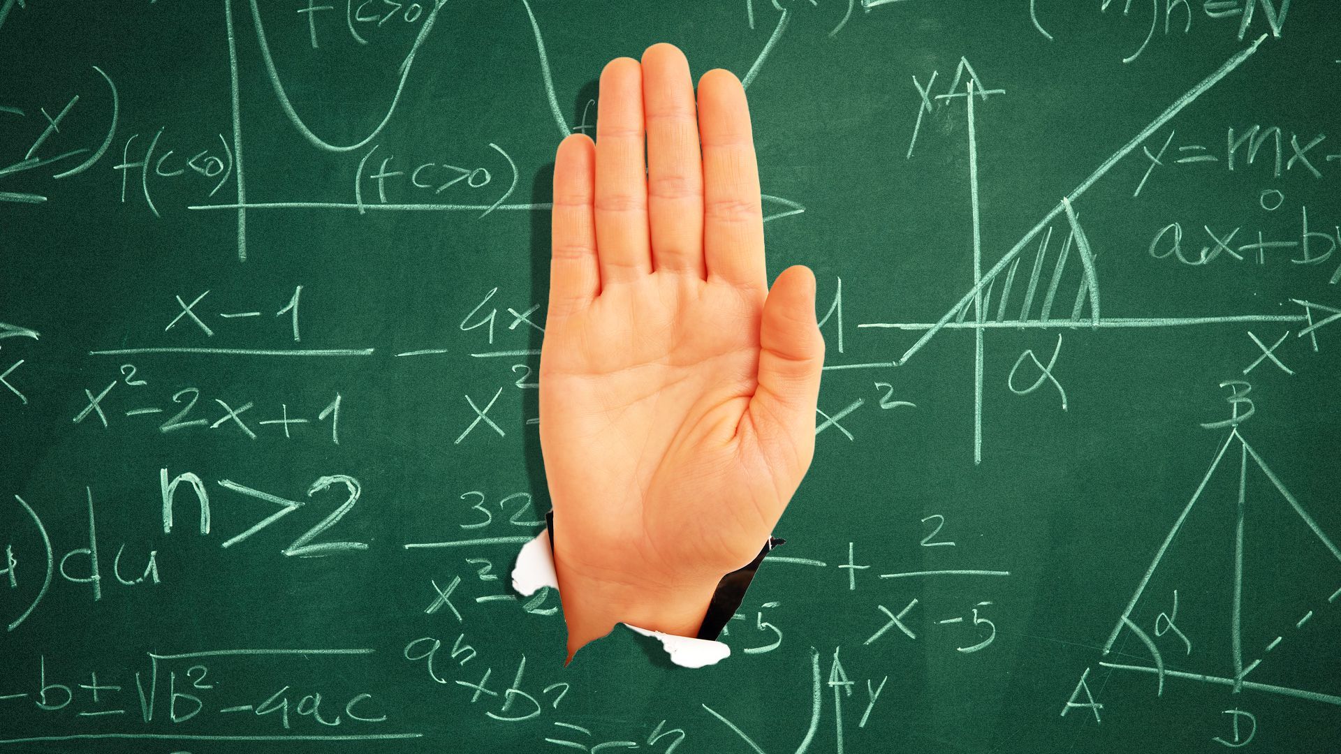 Illustration of a hand breaking through a blackboard making a "stop" motion 