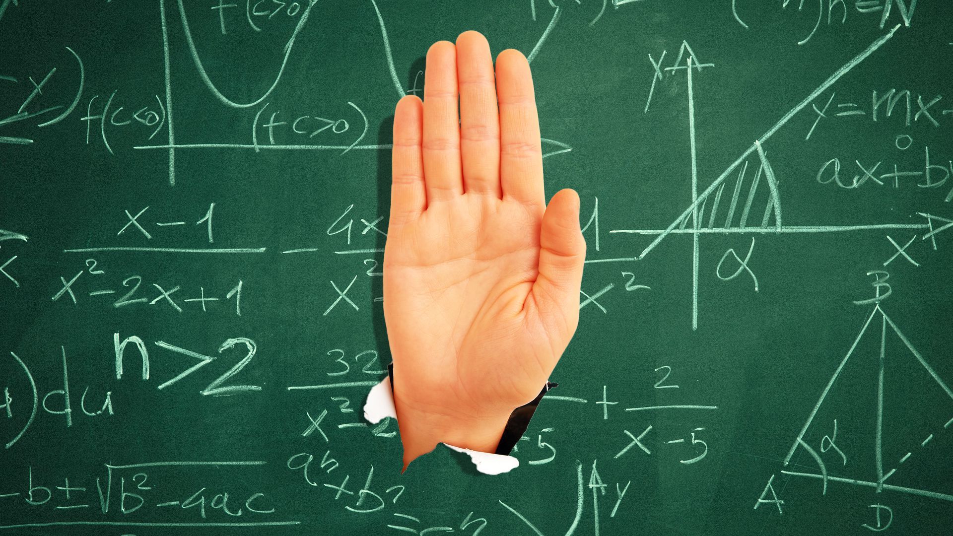 Illustration of a hand breaking through a blackboard making a "stop" motion