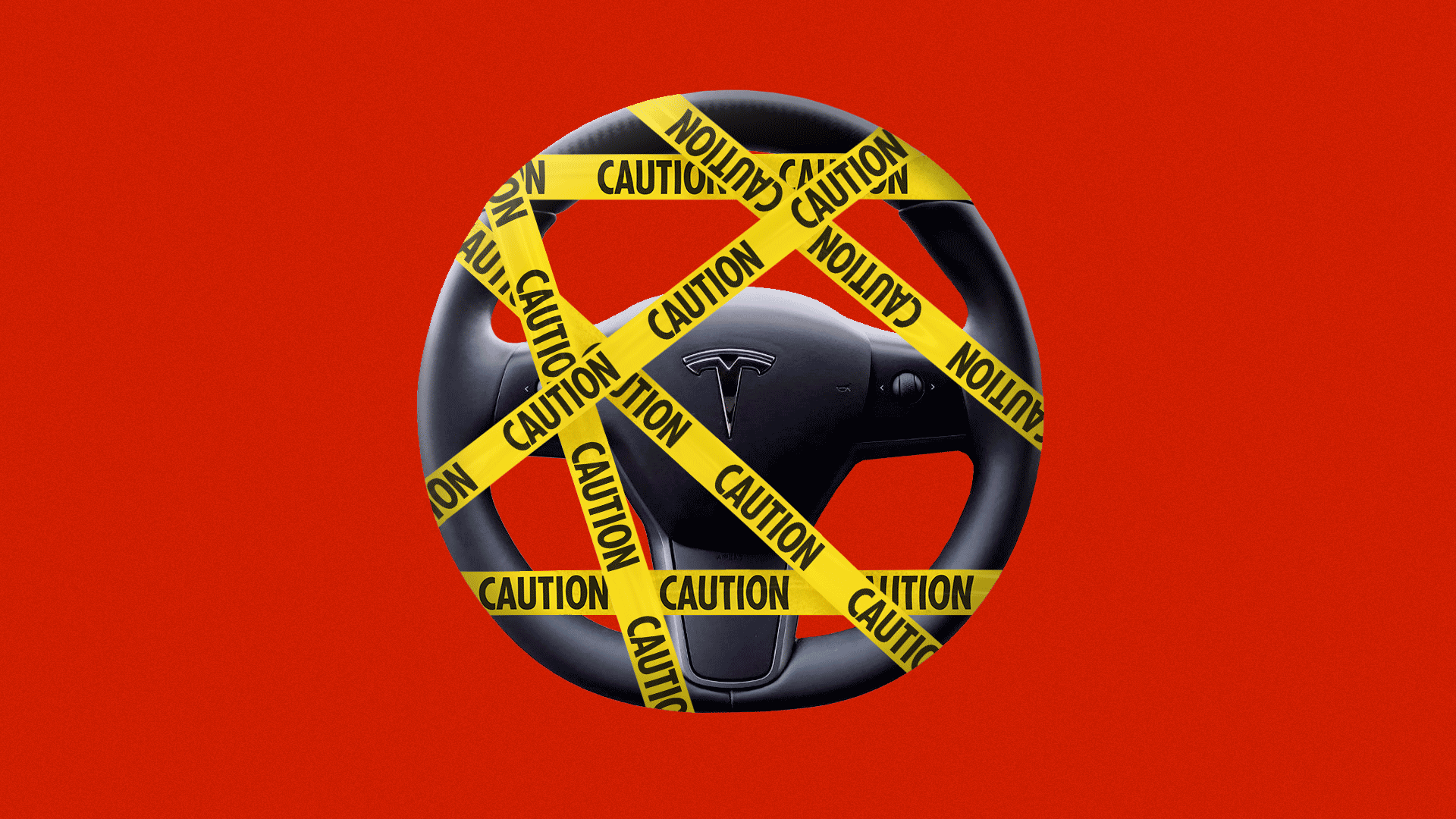 Illustration of a Tesla steering wheel covered in caution tape.