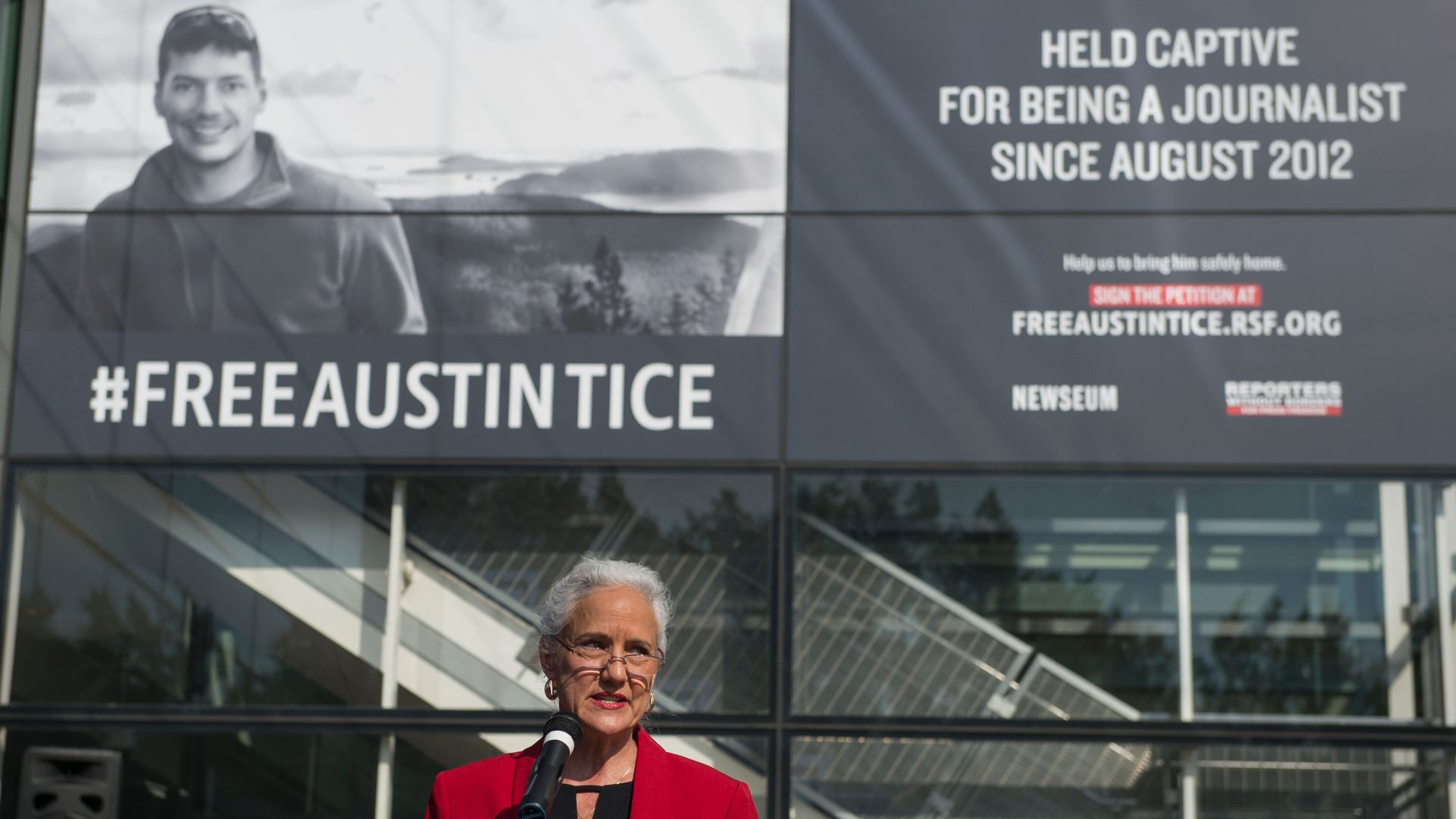 Debra Tice in front of a Free Austin Tice sign