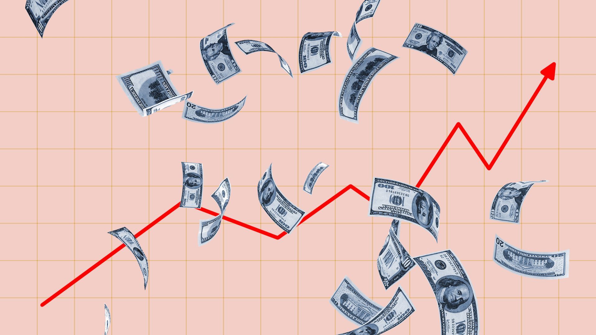 Illustration of money falling onto a rising stock trend line.