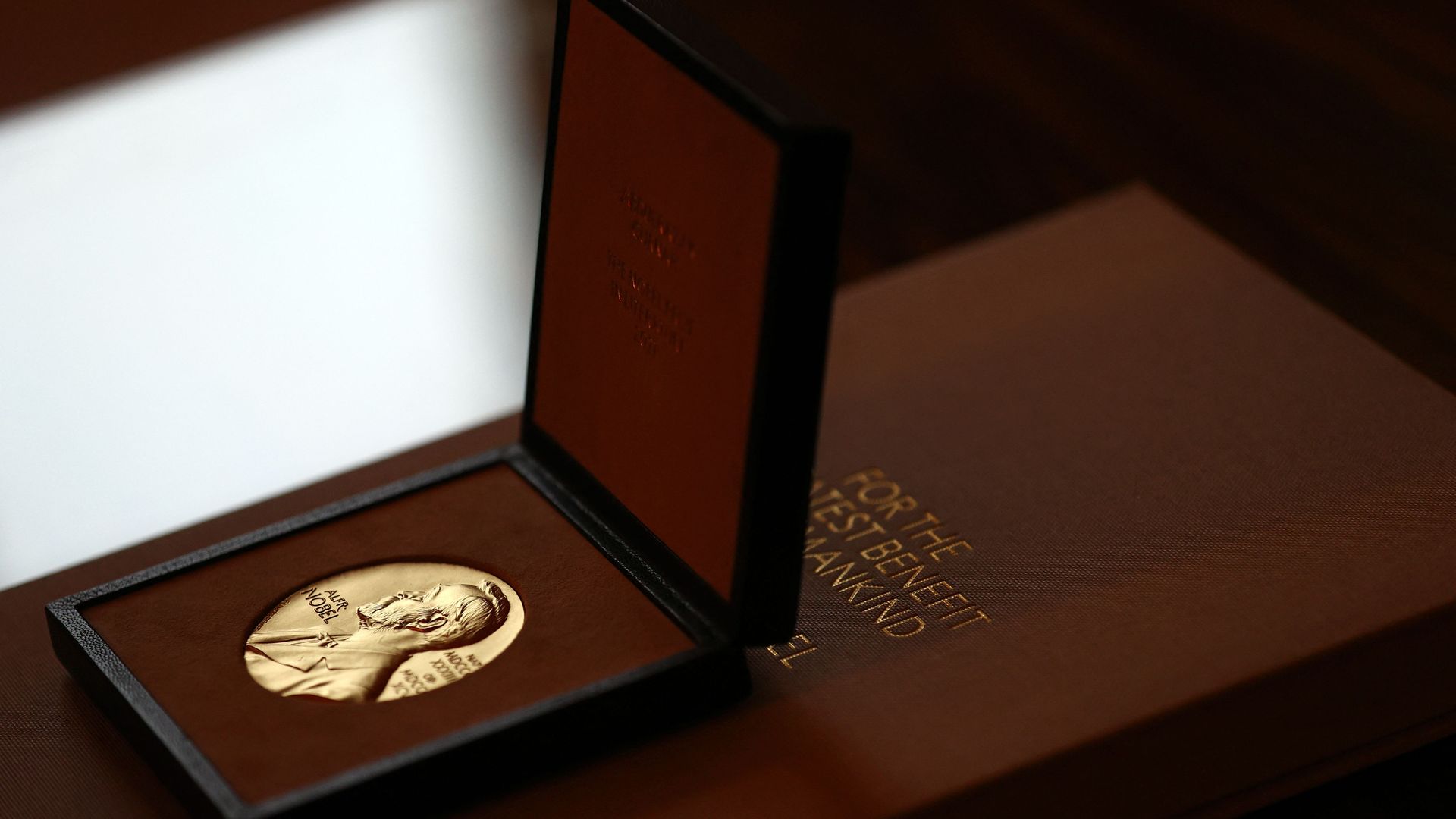 A Nobel Prize medal sits on a table in London in 2021.