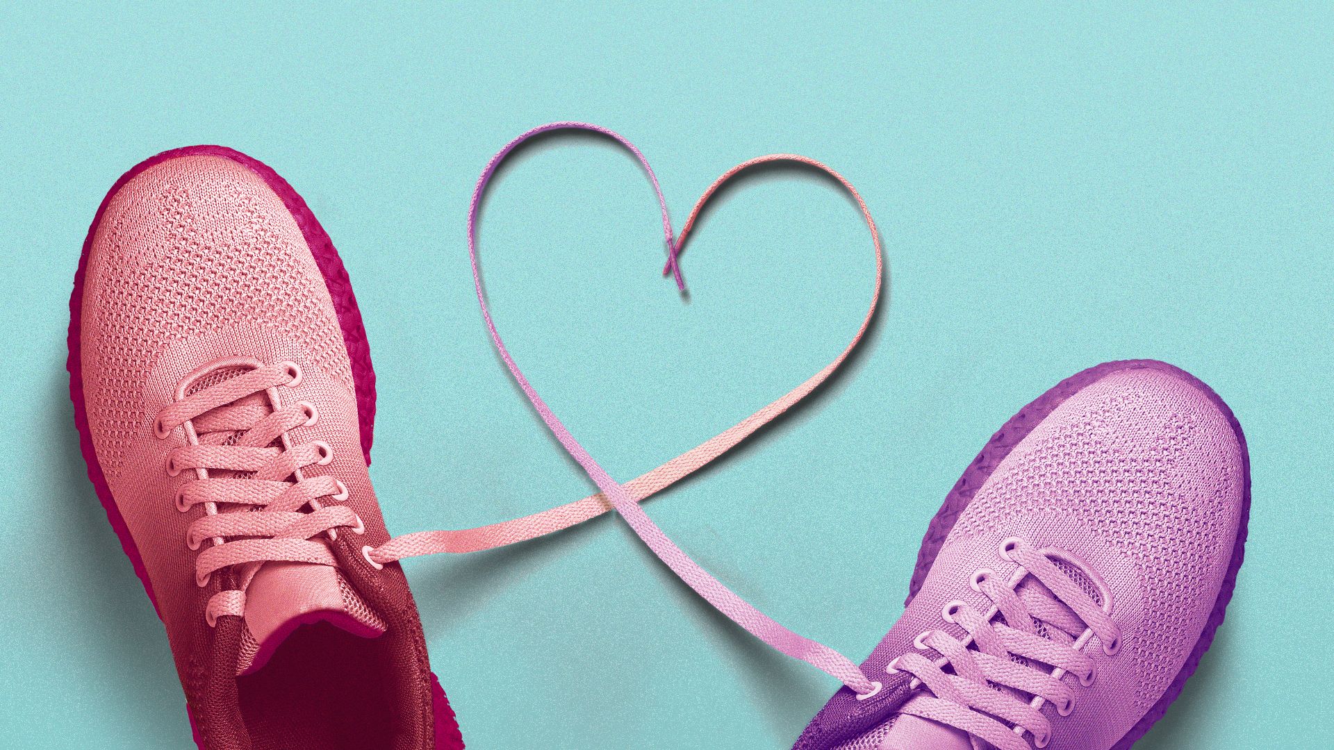 Illustration of two different colored running shoes forming a heart with their shoelaces. 