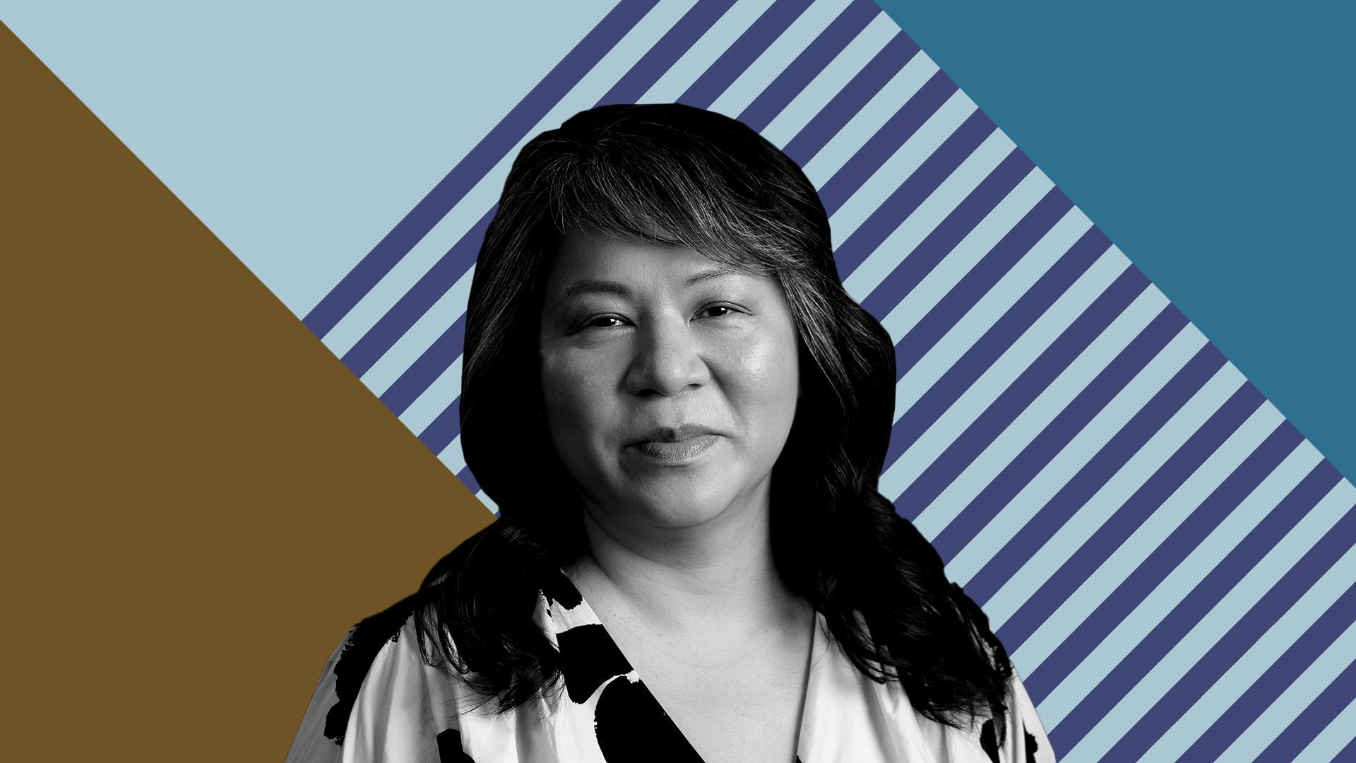 Photo illustration of Bo Young Lee in front of colorful graphic shapes and lines