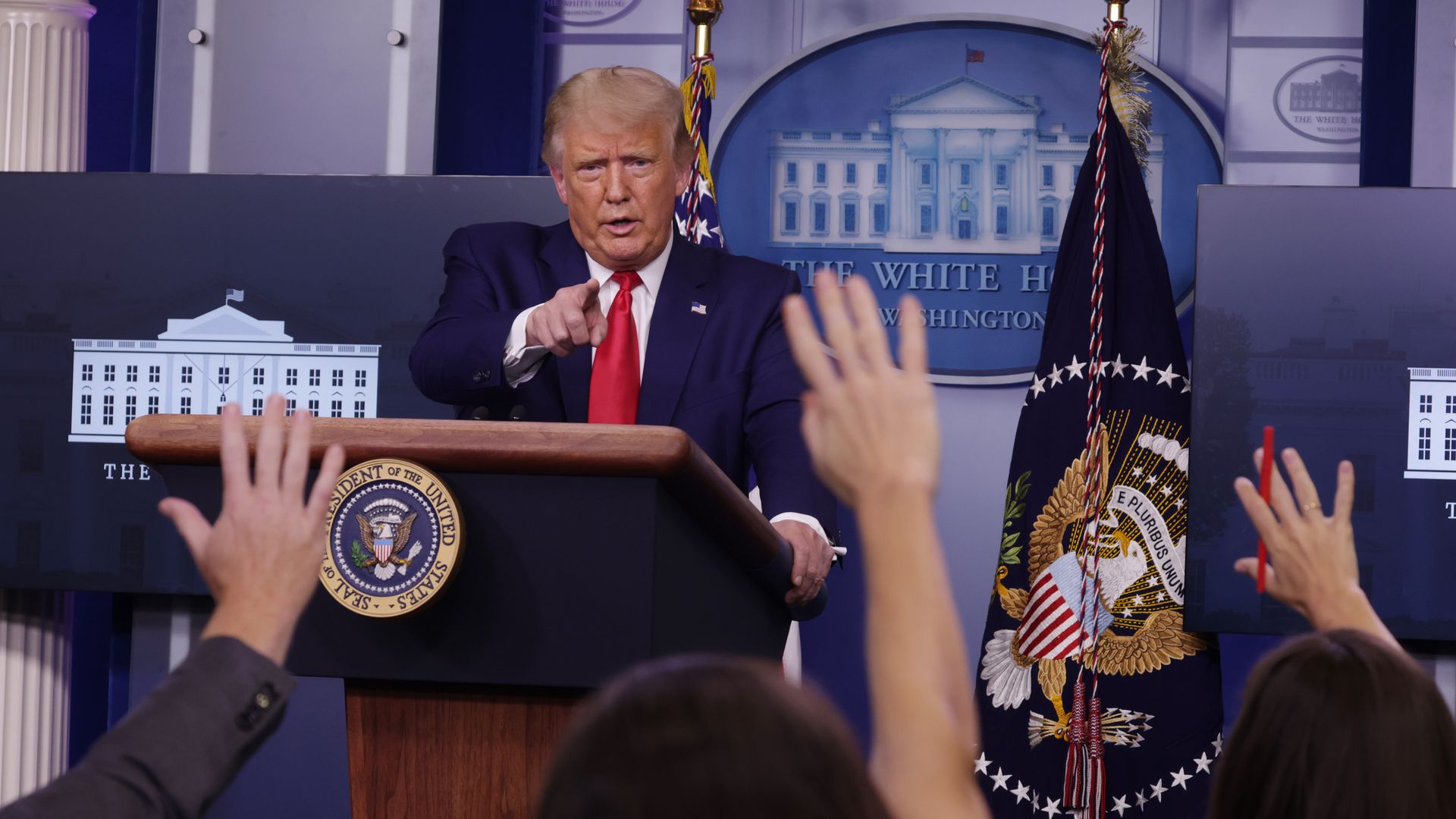 WASHINGTON, DC - SEPTEMBER 16: U.S. President Donald J. Trump speaks to the press during a news conference in the James Brady Press Briefing Room of the White House on September 16, 2020 in Washington, DC. Trump continues to trail challenger Joe Biden in the polls with the election less than two mon