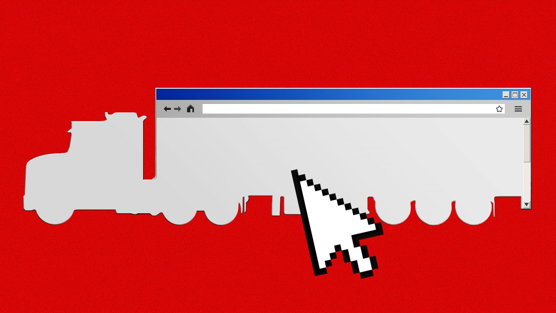 Illustration of an internet browser window shaped like a large truck being clicked on by a cursor arrow