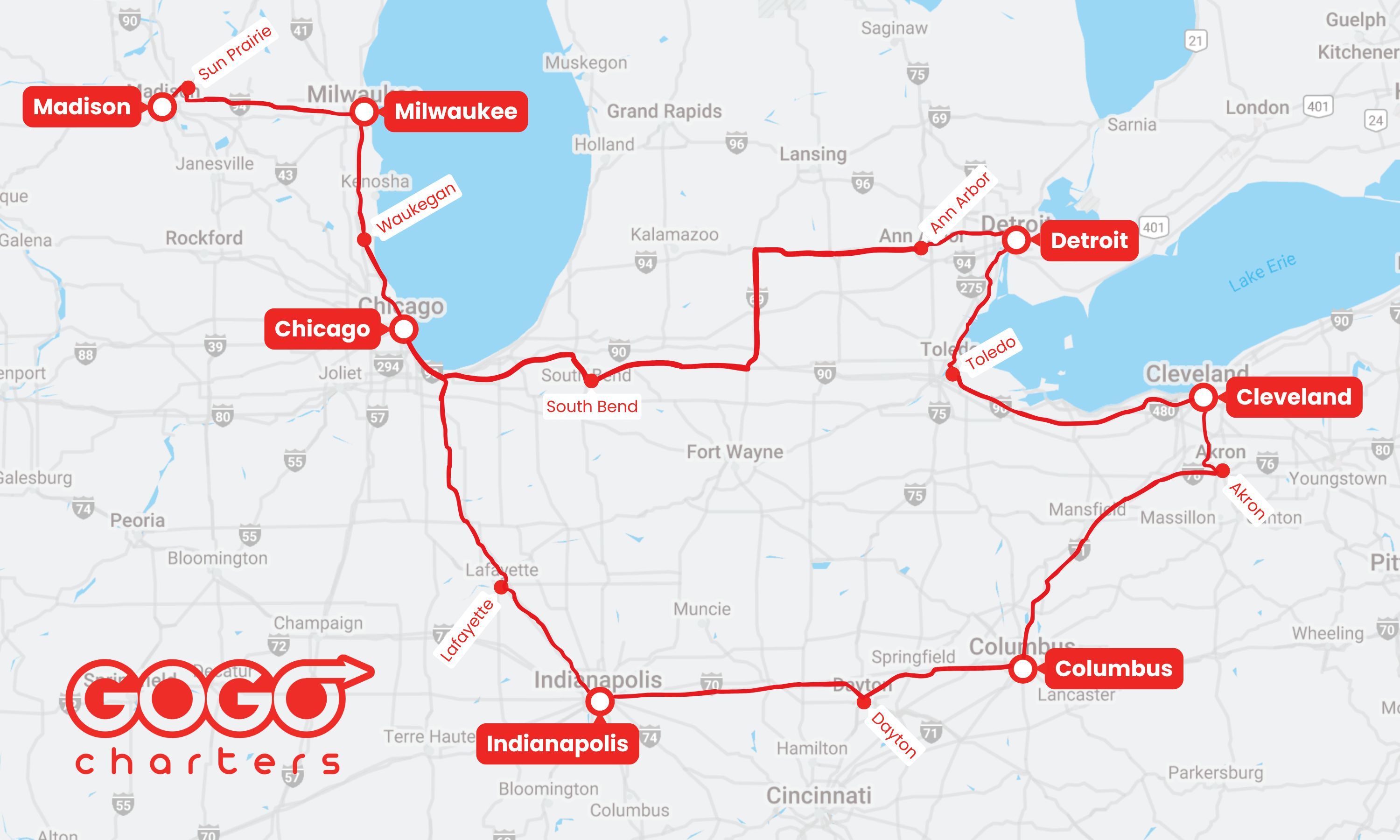 A Midwest route map for a charter bus company