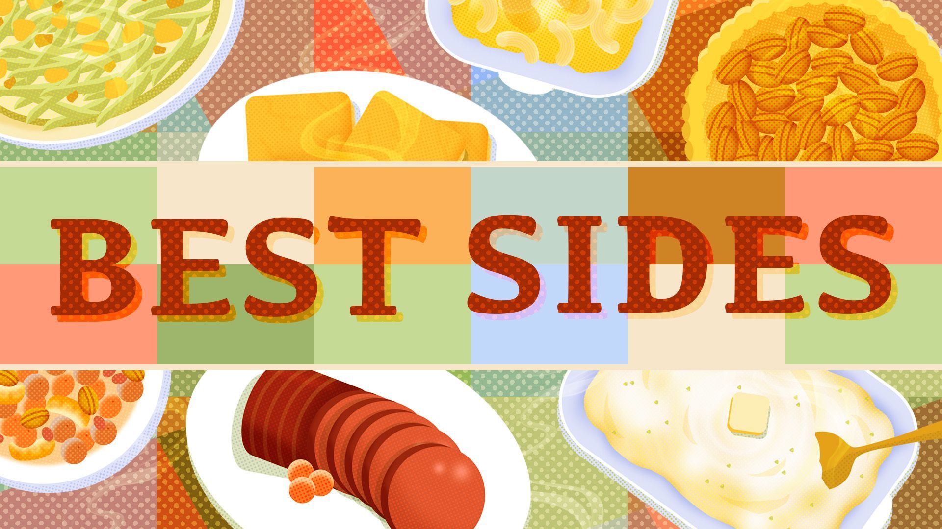 Illustration of thanksgiving side dishes on a checkered background with the words "Best Sides" in the middle