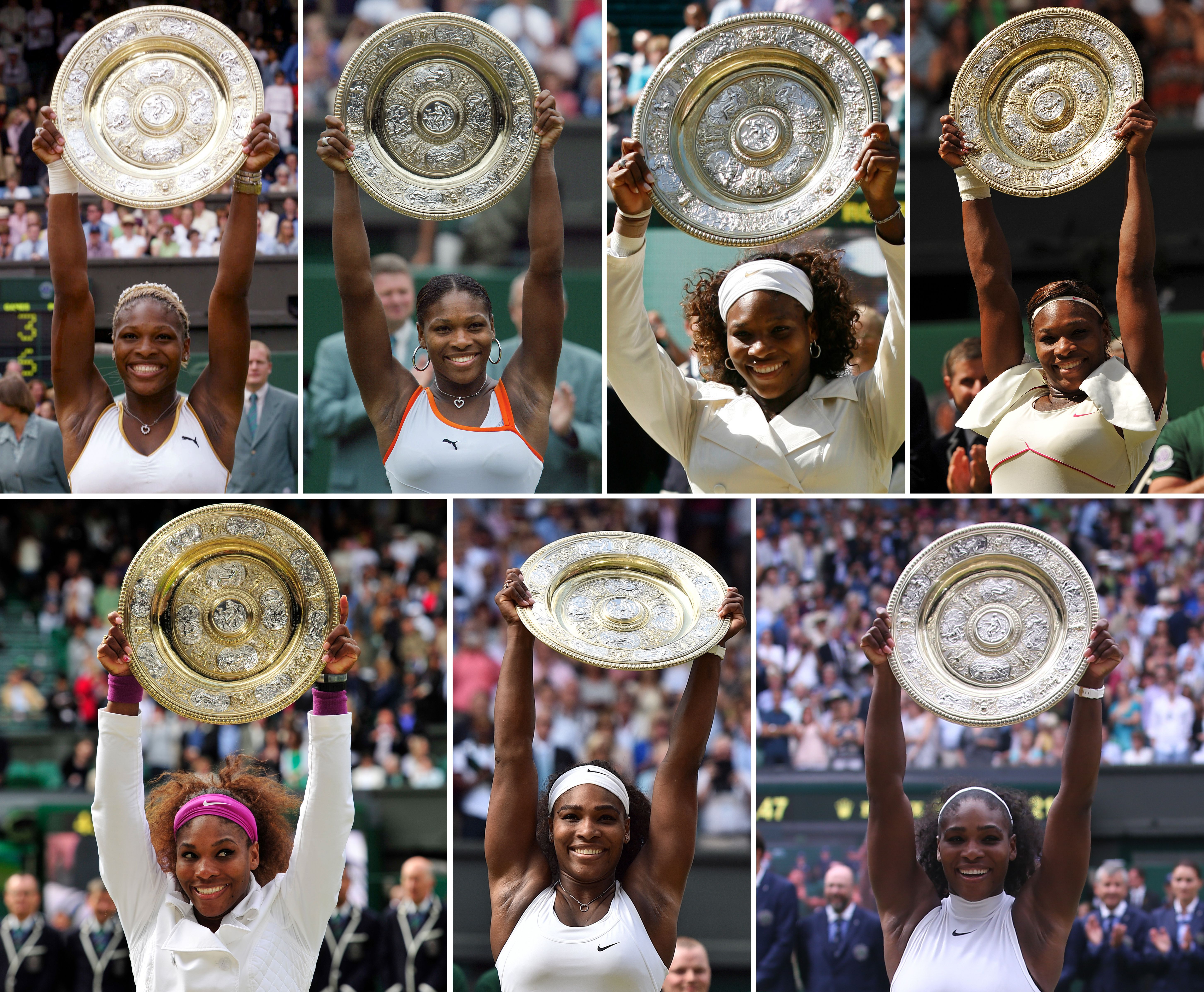 Serena Williams holding all her Wimbledon trophies