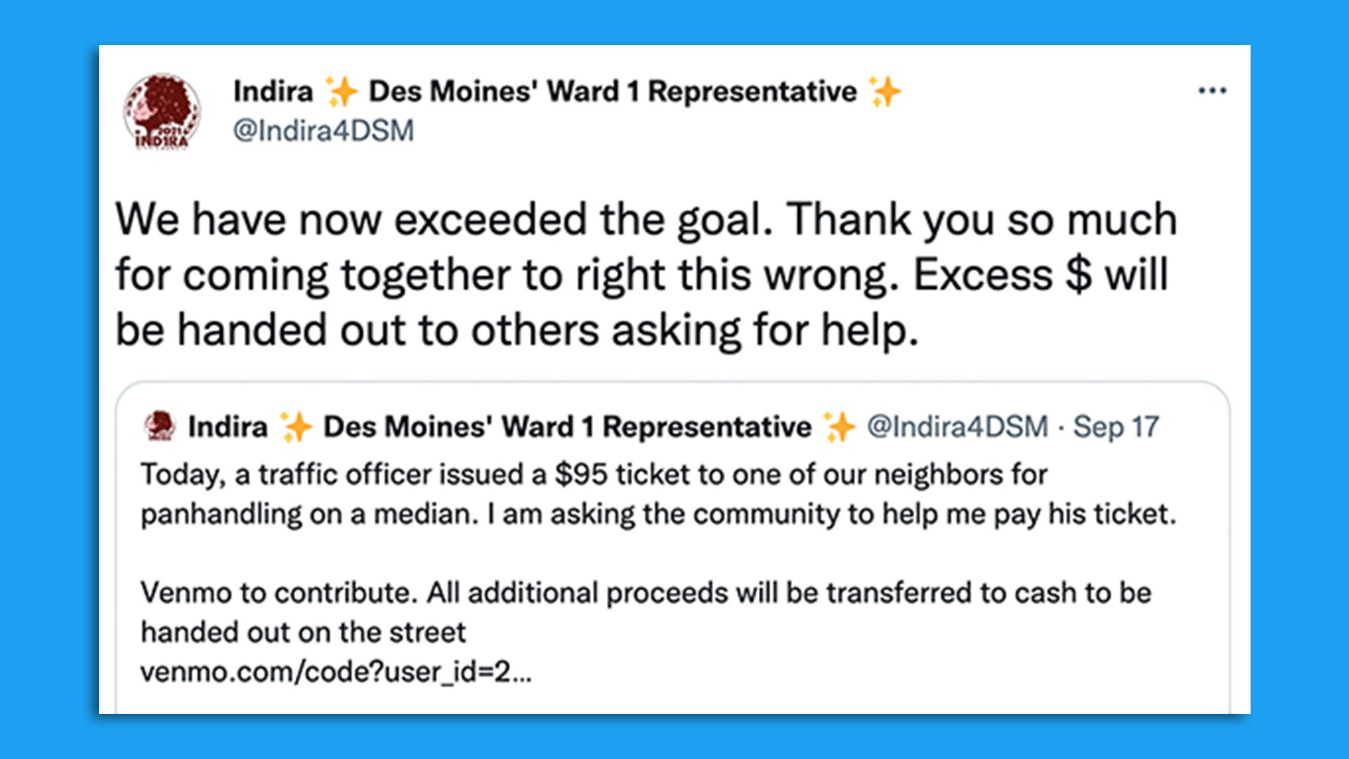 A tweet from Indira Sheumaker.