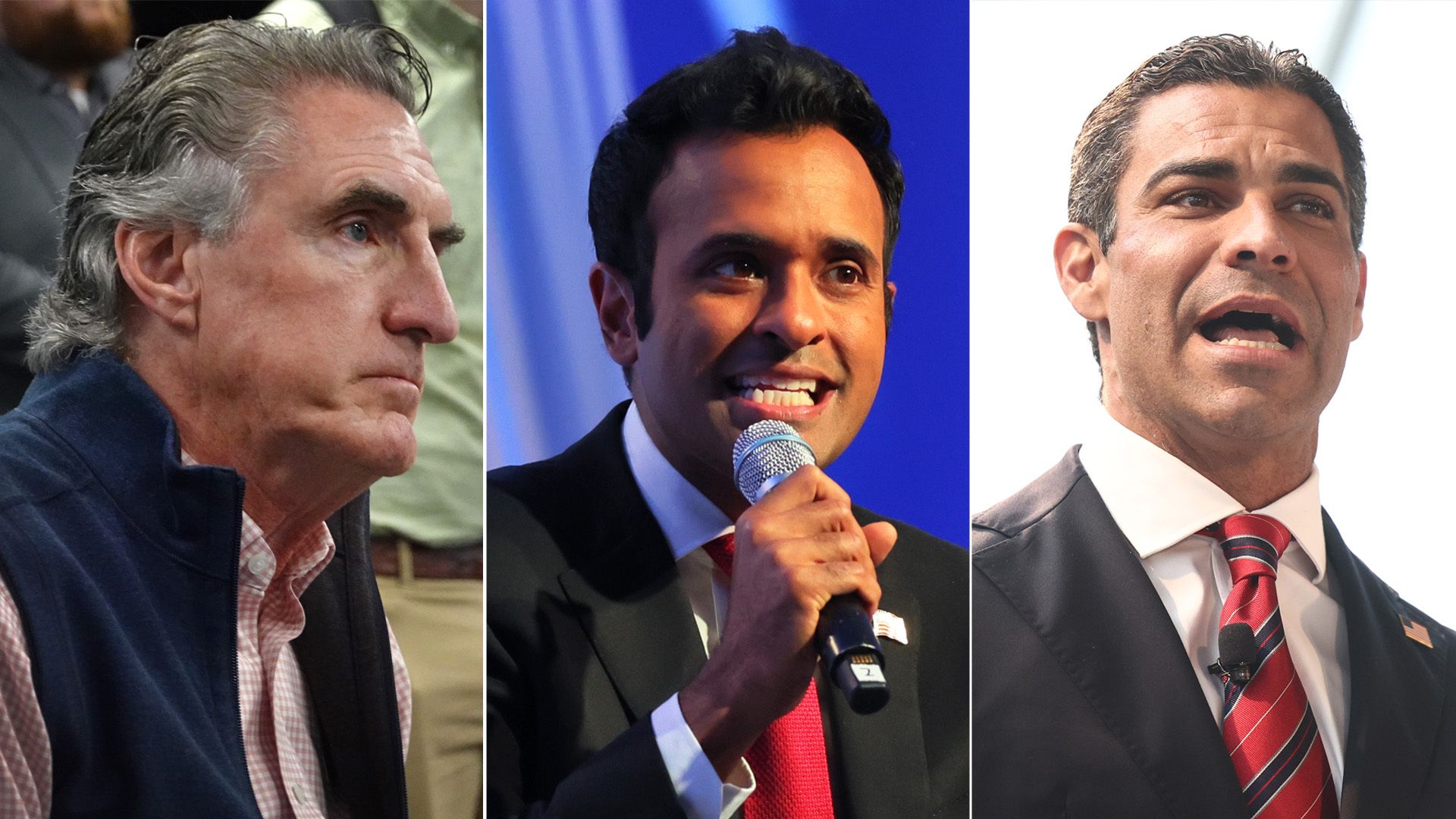 Image of presidential candidates Doug Burgum, Vivek Ramaswamy and Francis Suarez next to each other.