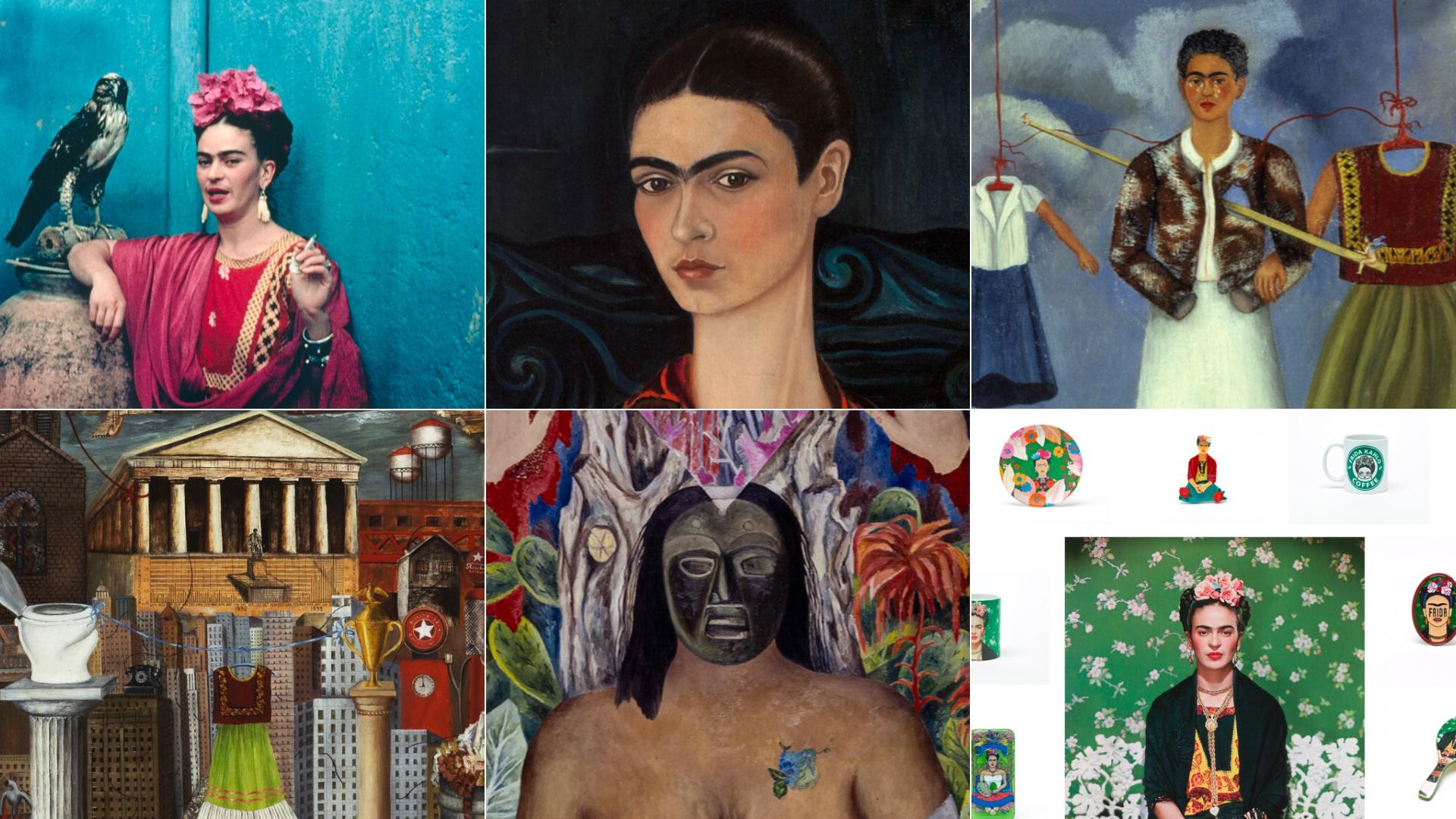 Collage of images featuring Frida Kahlo: four portraits and paintings, including one with a pink flower crown and bright blue background, and merchandise with her image on a green floral backdrop.