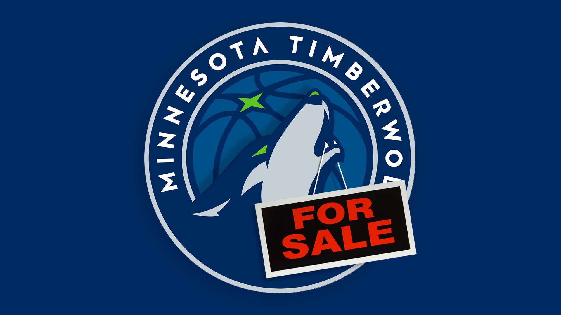 Illustration of the Minnesota Timberwolves logo with a for sale hanging from the wolf's mouth. 