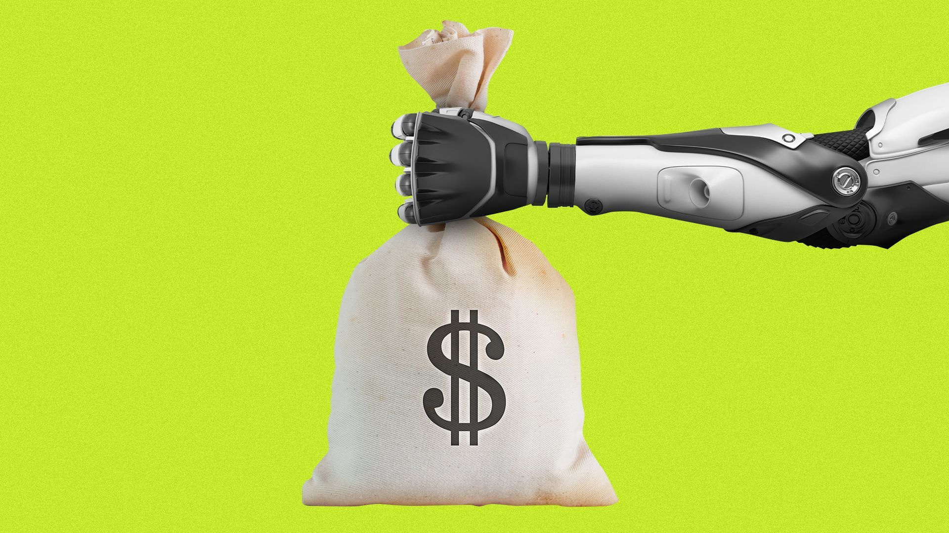 Illustration of a robot arm holding a bag of money. 