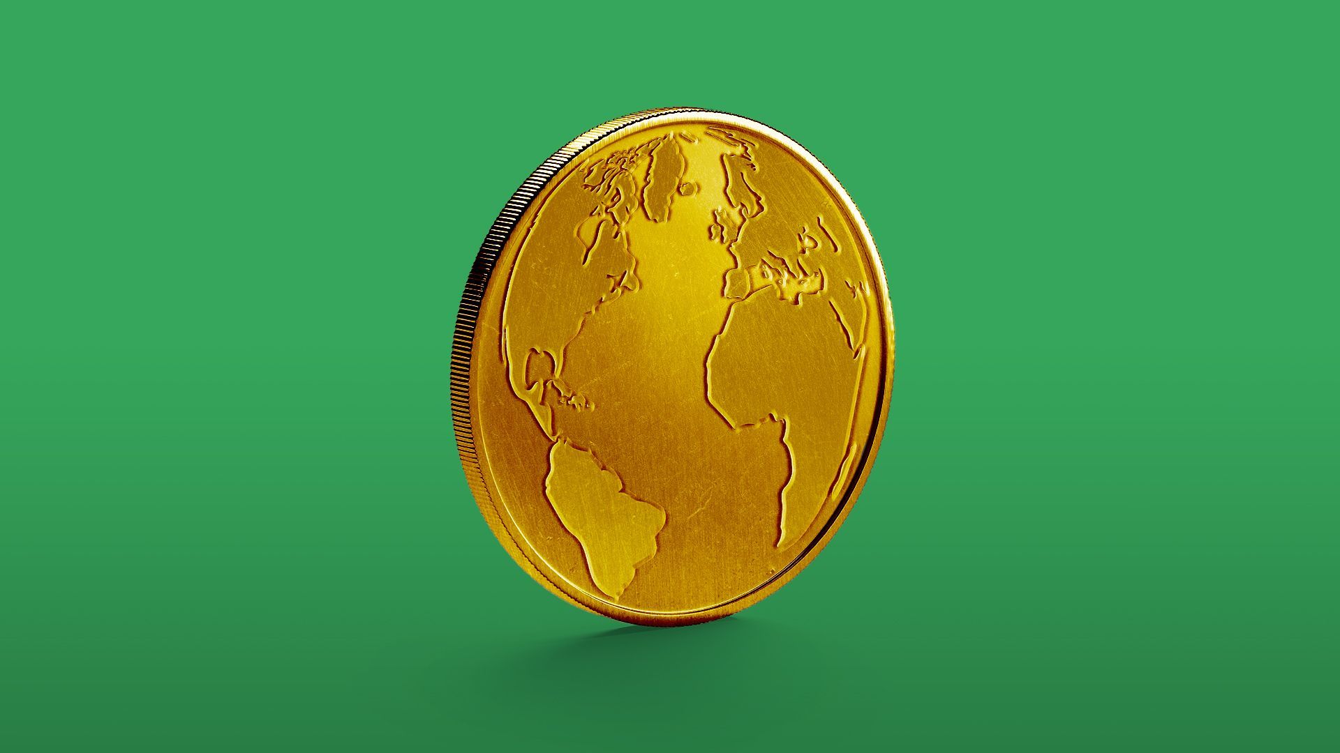 Illustration of a golden coin with an emboss of the Earth on it.