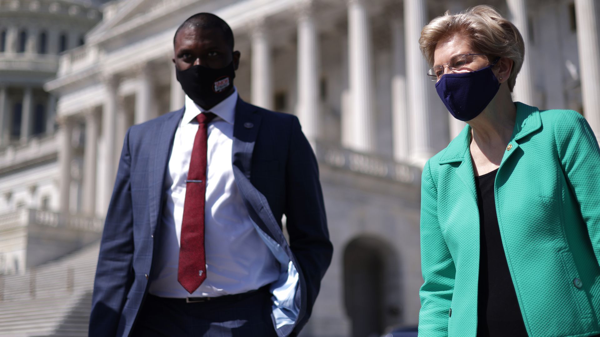 Rep. Mondaire Jones (D-N.Y.) arrives at a news conference with Sen. Elizabeth Warren
