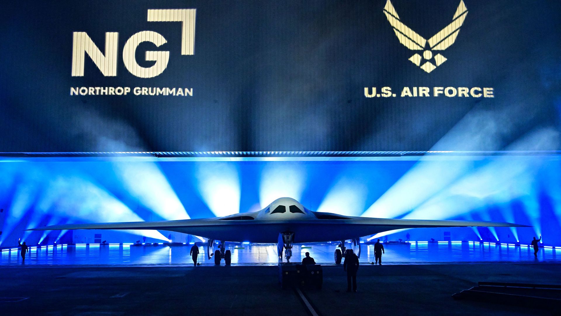 The B-21 Raider is unveiled during a ceremony at Northrop Grumman's Air Force Plant 42 in Palmdale, California, December 2, 2022.