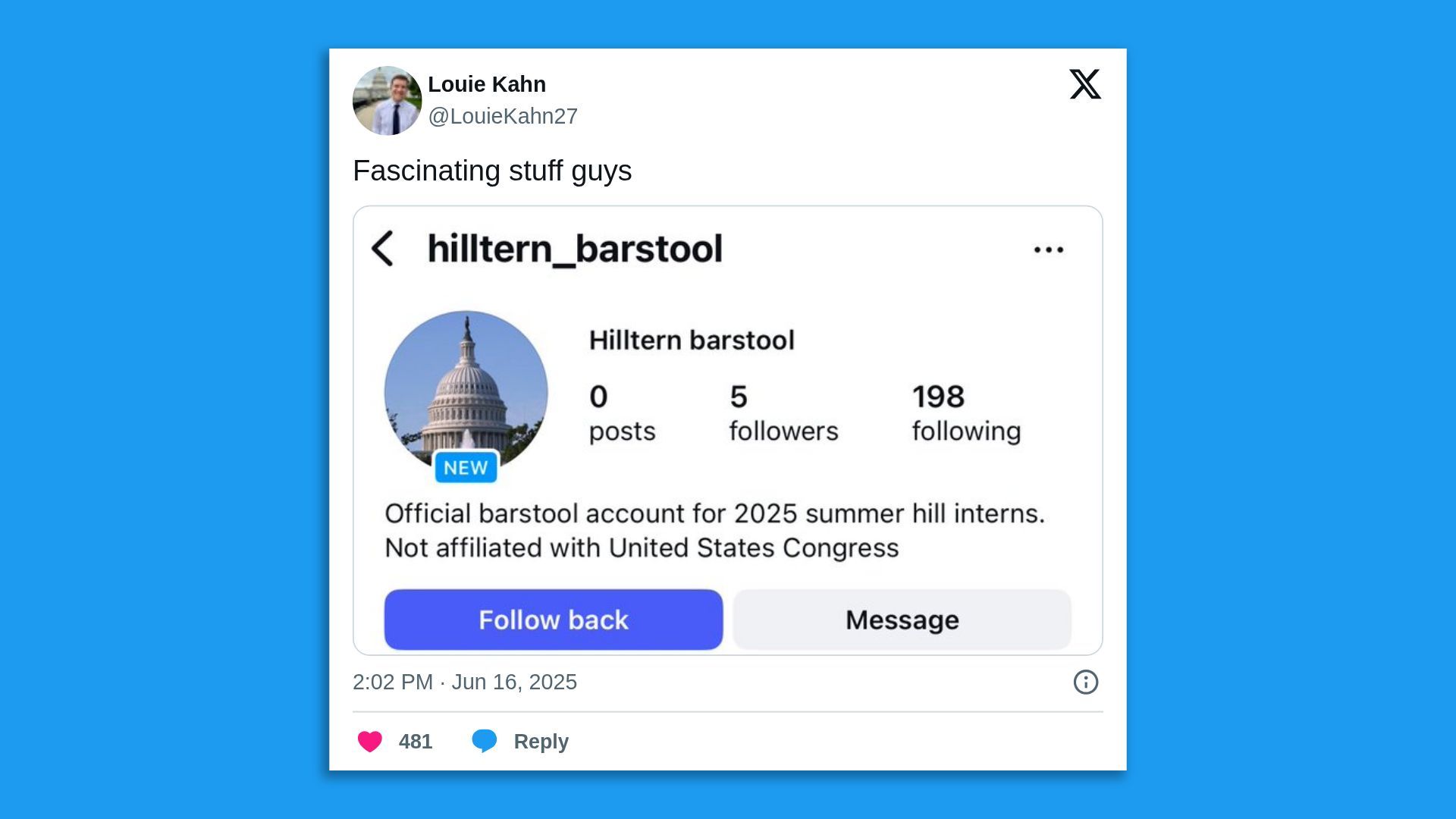 Screenshot of an X post with an image of an Instagram account called "hilltern_barstool." 