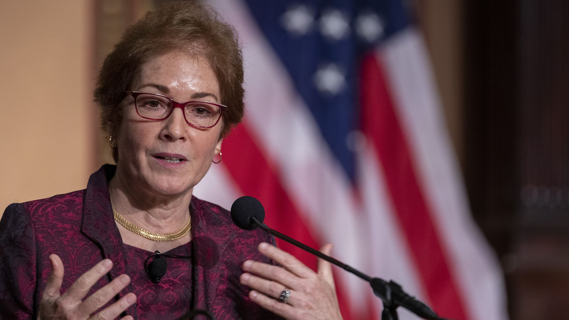 Former U.S. Ambassador Marie Yovanovitch speaks during a ceremony awarding her the Trainor Award at Georgetown University on February 12, 2020 in Washington, DC.