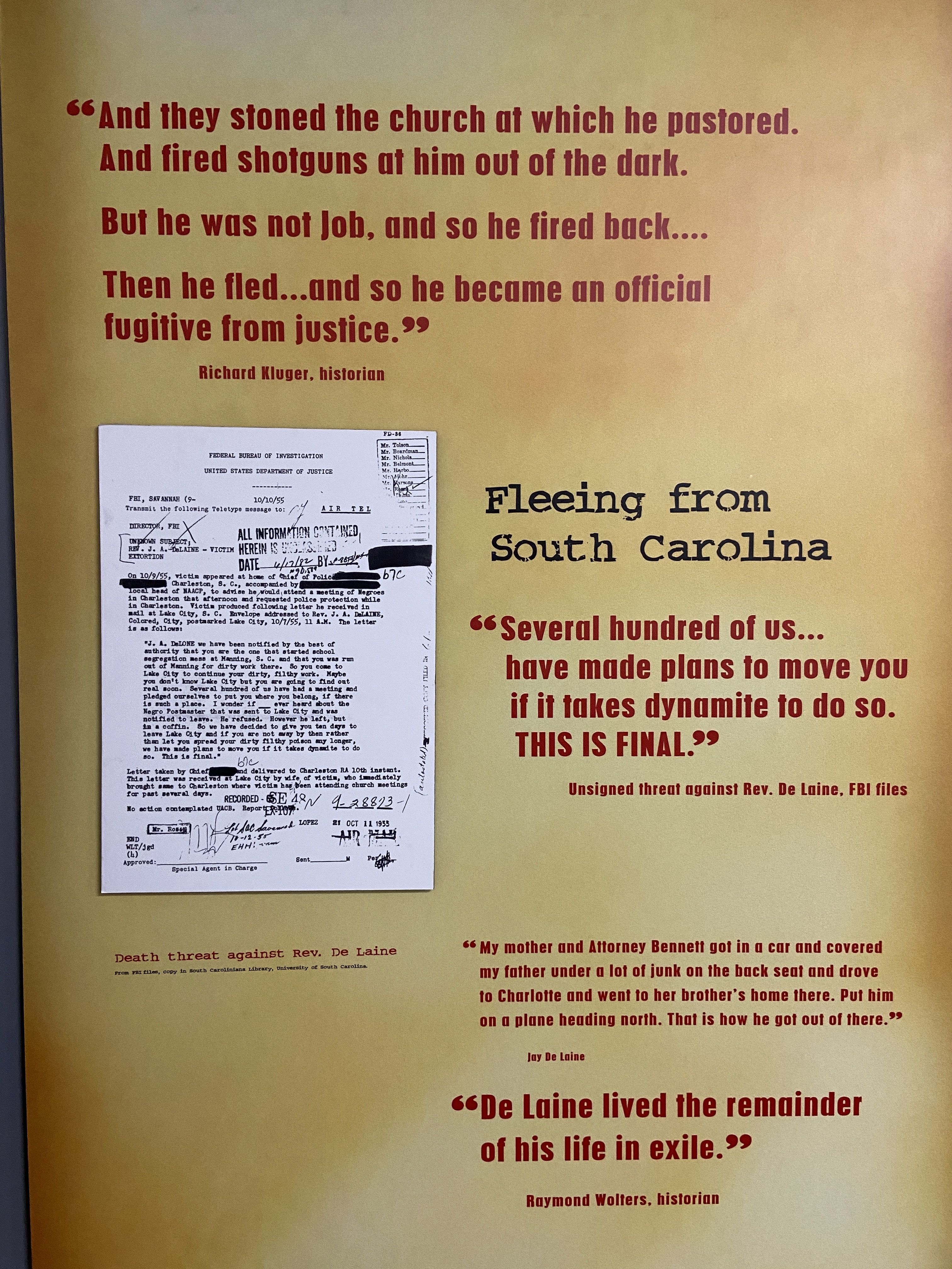 "COURAGE" at JCSU. It describes Rev. De Laine fleeing South Carolina.