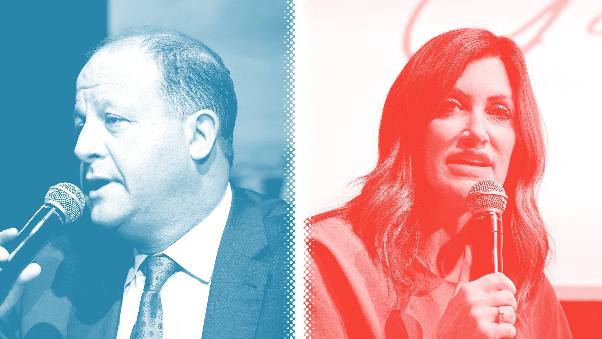 Photo illustration of Jared Polis, tinted blue, and Heidi Ganahl, tinted red, separated by a white halftone divider.
