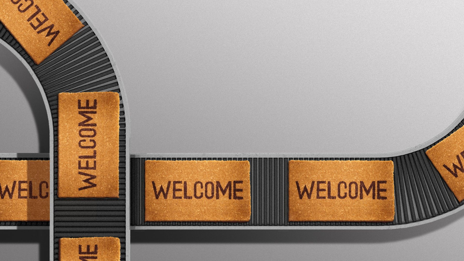 Illustration of a factory conveyor belt with welcome mats on it