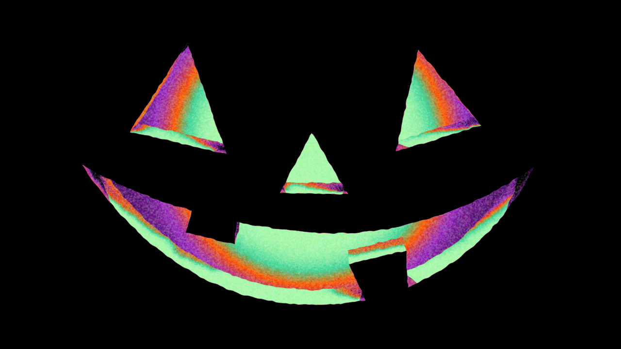 Animated illustration of a jack o'lantern face with green, orange and purple light inside. The triangle eye shapes change to sparkle shapes and back.