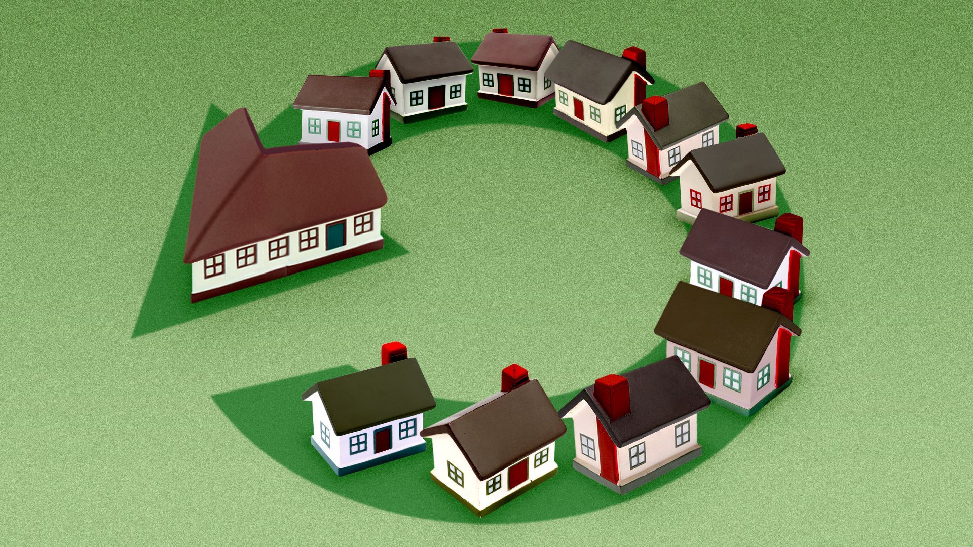 Illustration of a line of suburban houses creating a restart symbol shape