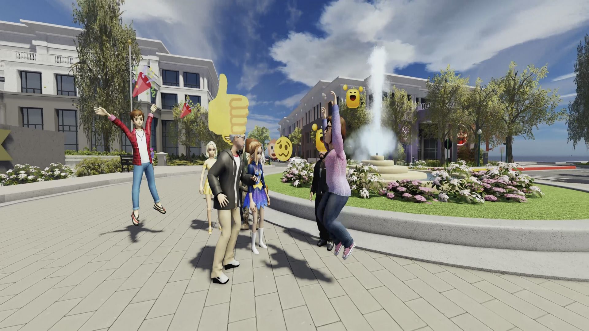 Roblox avatars dance in front of a virtual replica of the company's San Mateo, Calif. headquarters.