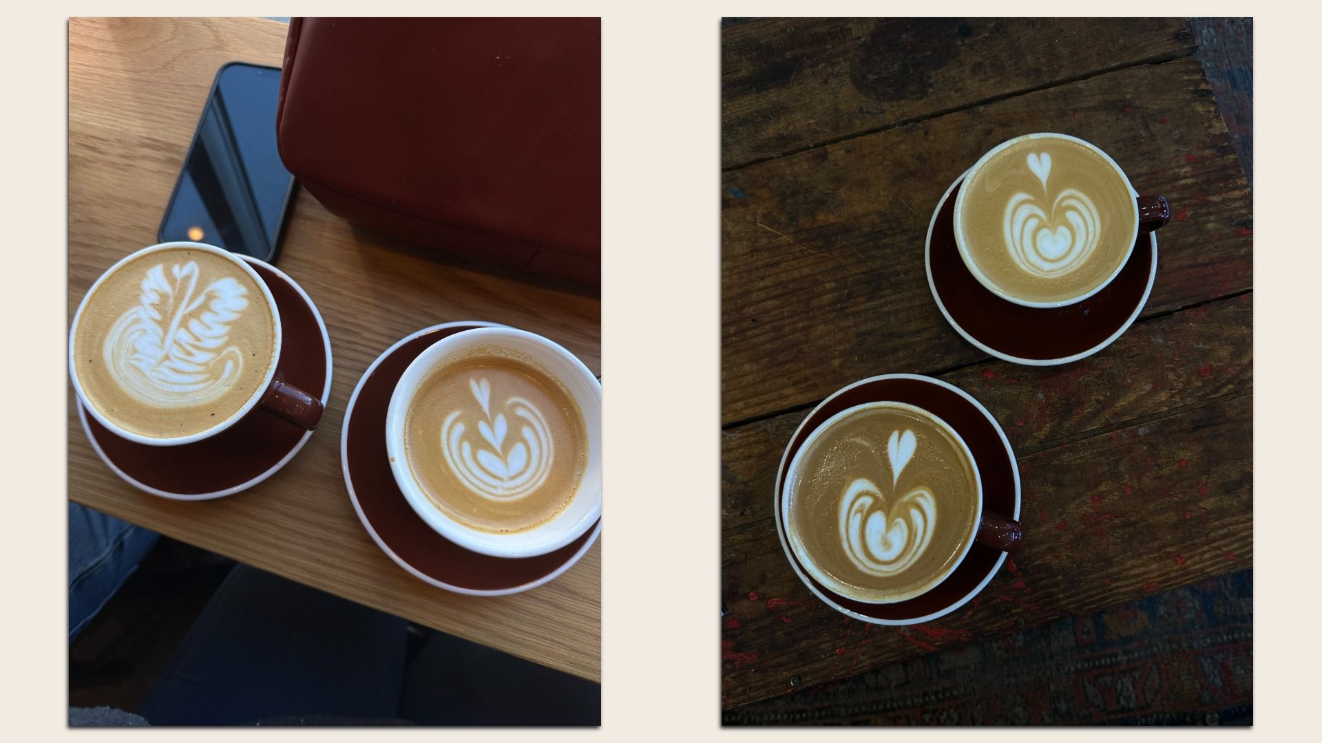 Two photos of latte art on saucers. Left shows a leaf‑pattern latte on a wooden table beside a smartphone and a brown bag; right shows three lattes with heart/rosette designs on rustic wood.