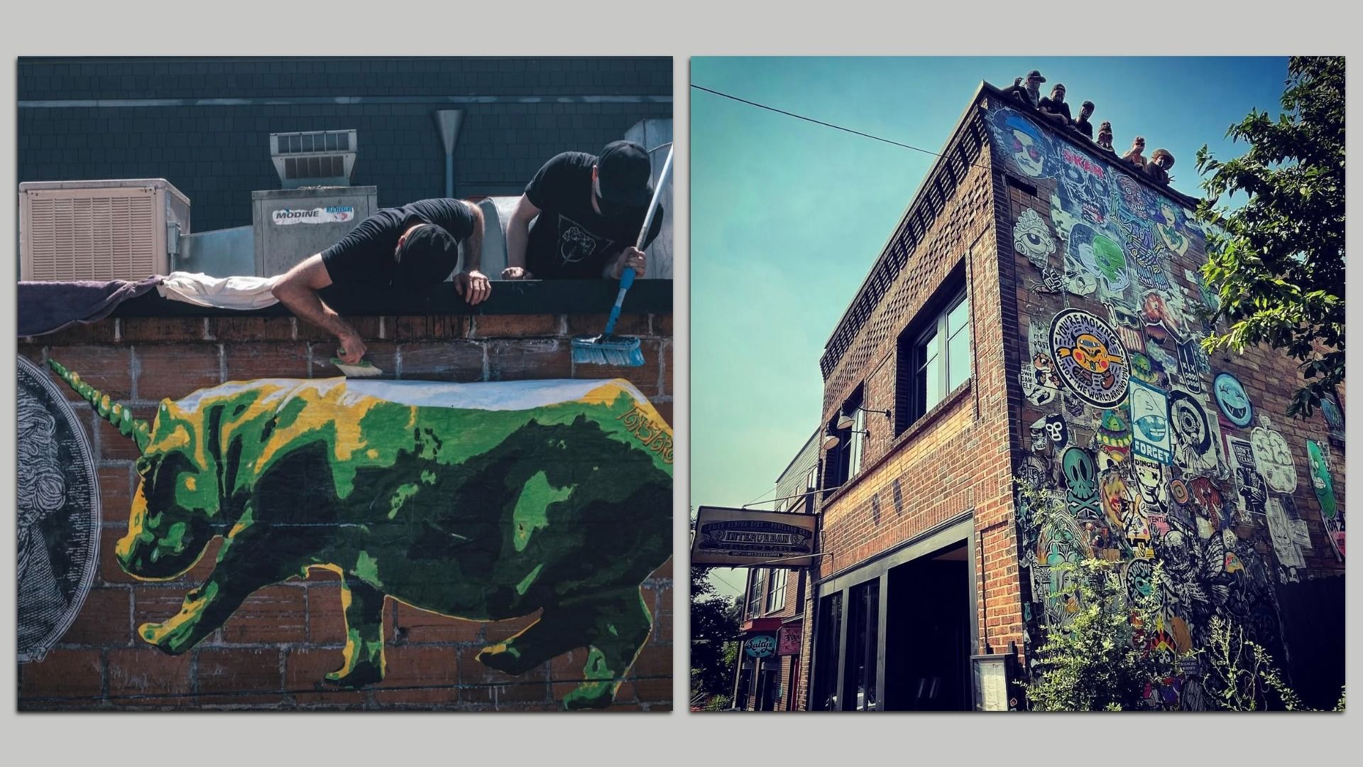 Two men in black work on a brick wall mural of a green and yellow animal with a horn. Another image shows a brick building with a colorful collage of stickers and art on its corner wall, people atop it.