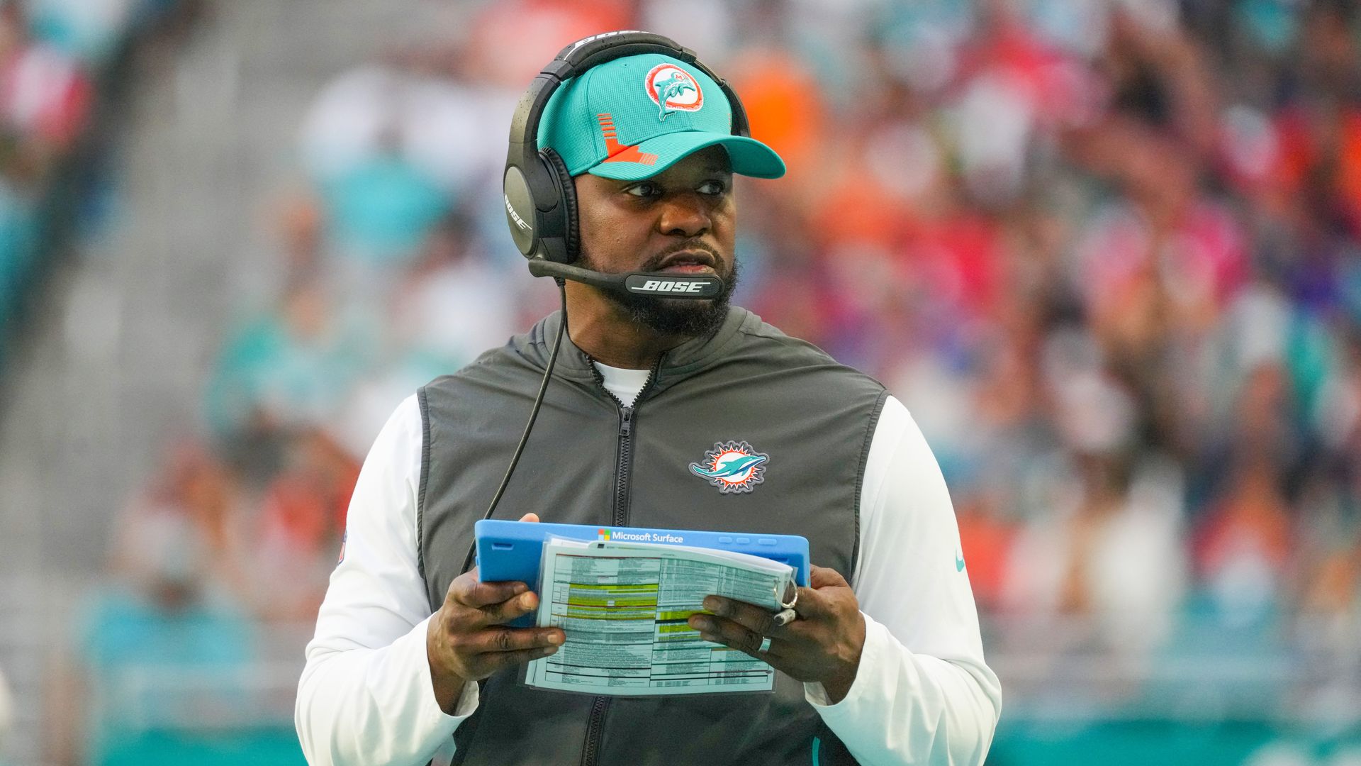 Head Coach Brian Flores of the Miami Dolphins in action against the New England Patriots during the first half at Hard Rock Stadium on January 09, 2022 in Miami Gardens, Florida. 