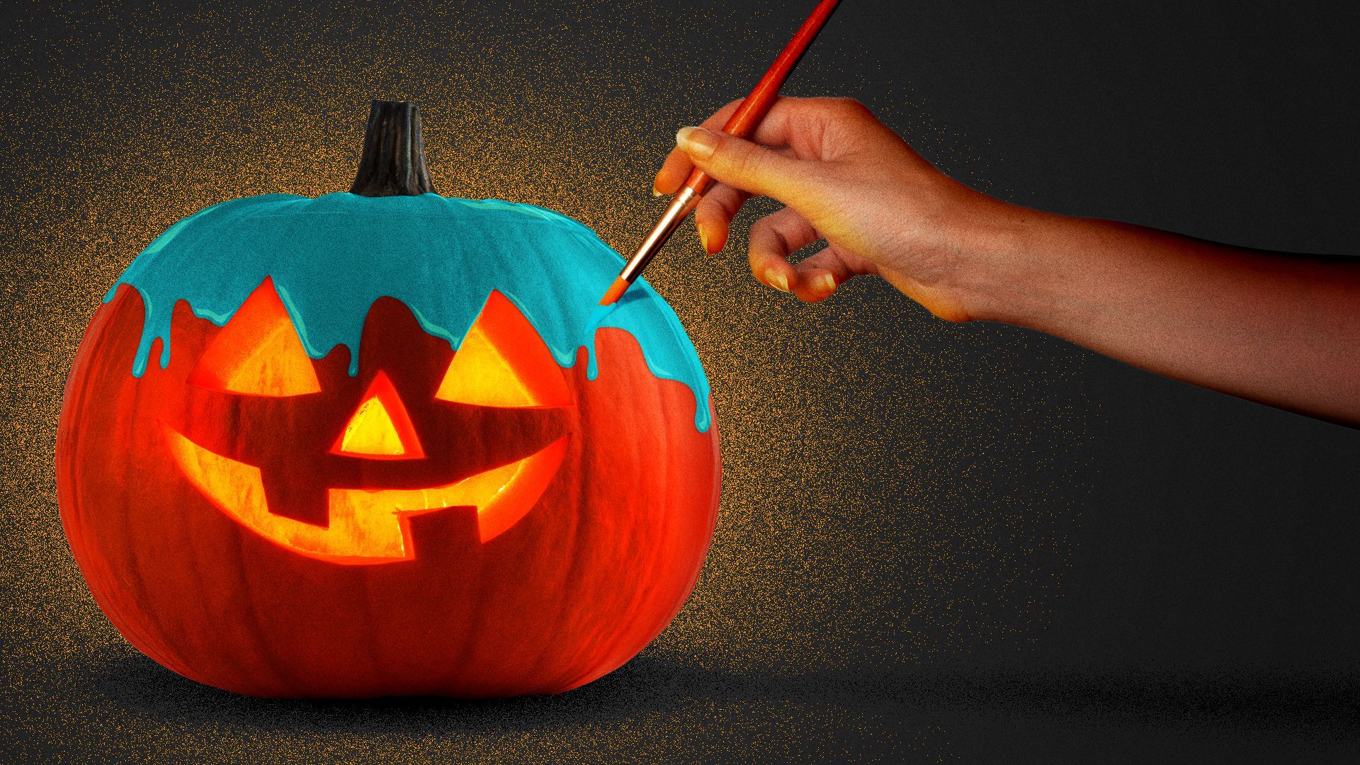 Illustration of a hand painting a jack-o-lantern teal. 