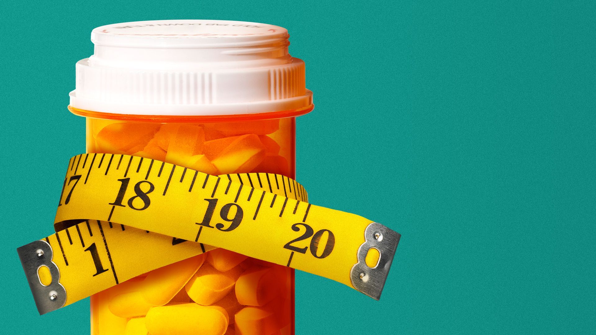 Illustration of a measuring tape around a pill bottle.