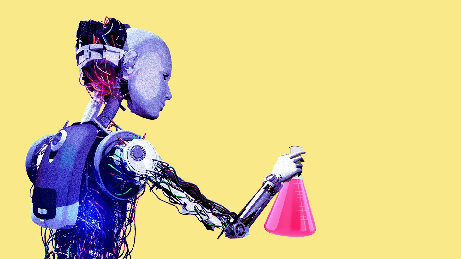 Illustration of a robot holding a chemical beaker.