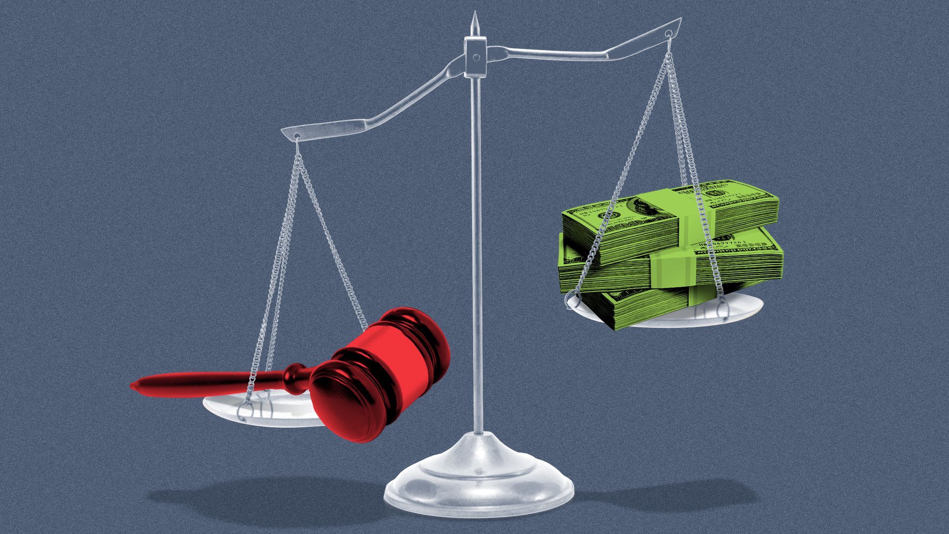 Illustration of the scales of justice with a gavel on one side and stacks of cash on the other.