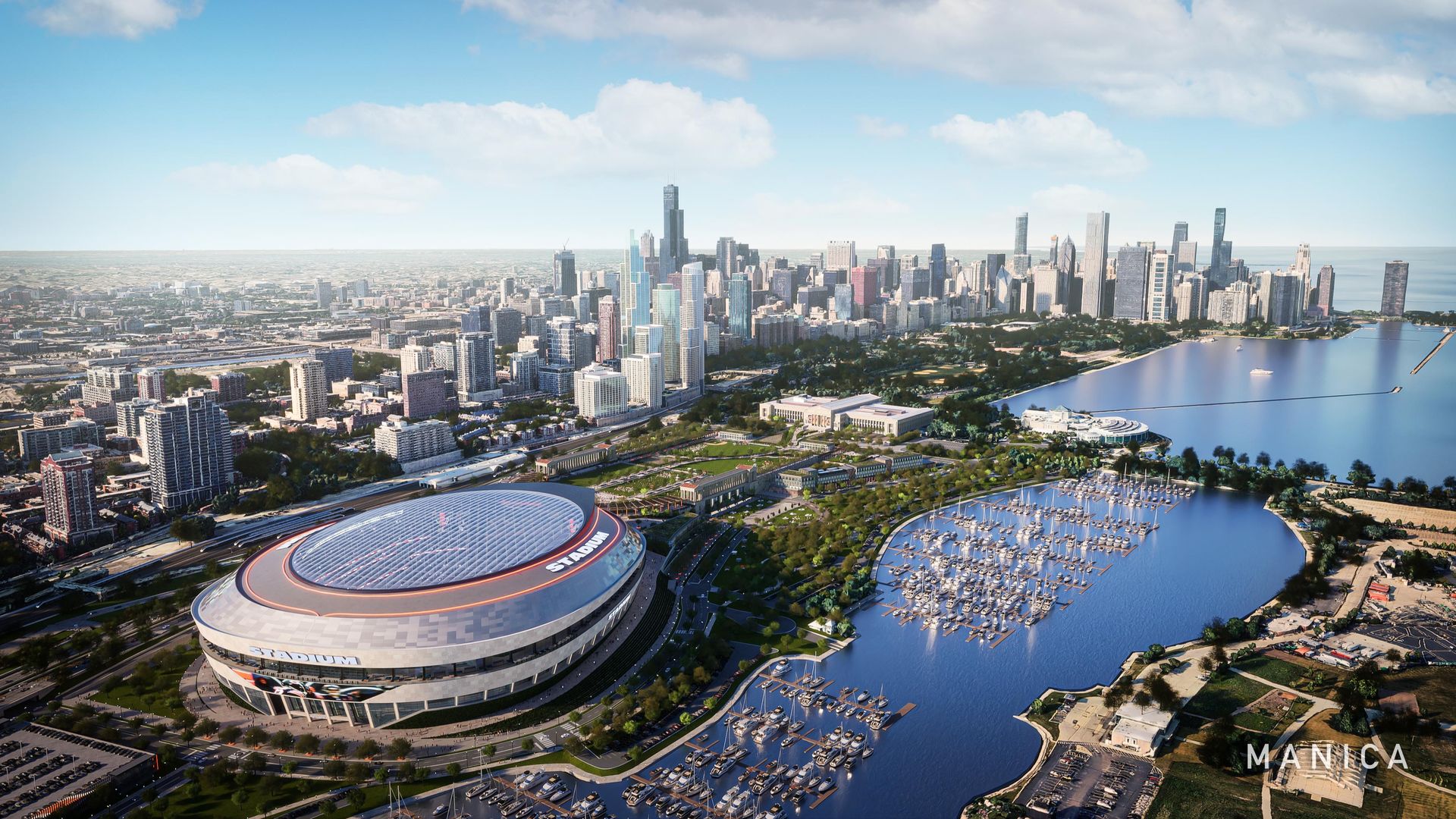 Rendering of a domed stadium on a lakefront with skyscrapers behind it 