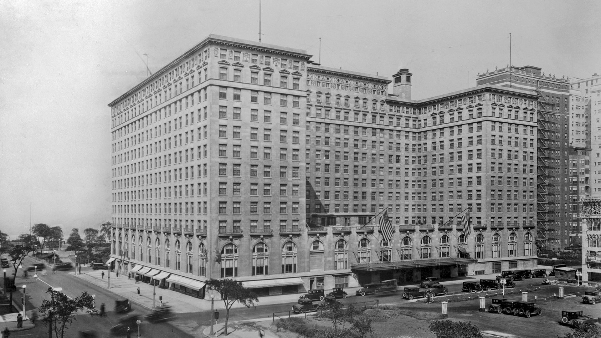 Old photo of a huge hotel. 