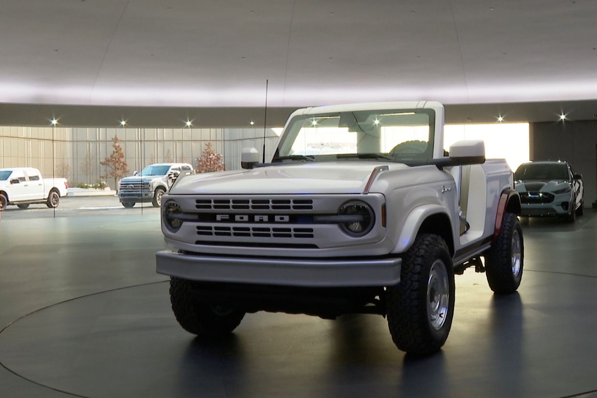 A Ford Bronco concept vehicle parked in the showroom inside Ford's new headquarters in Dearborn, Mich.
