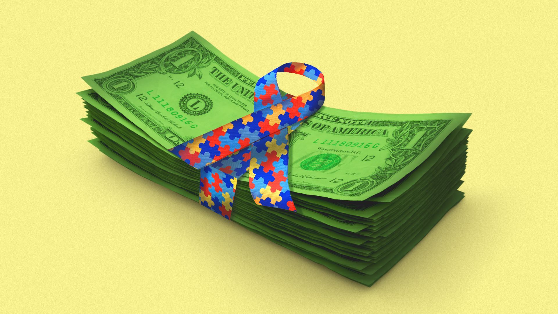 Illustration of an autism ribbon wrapped around a stack of dollar bills.