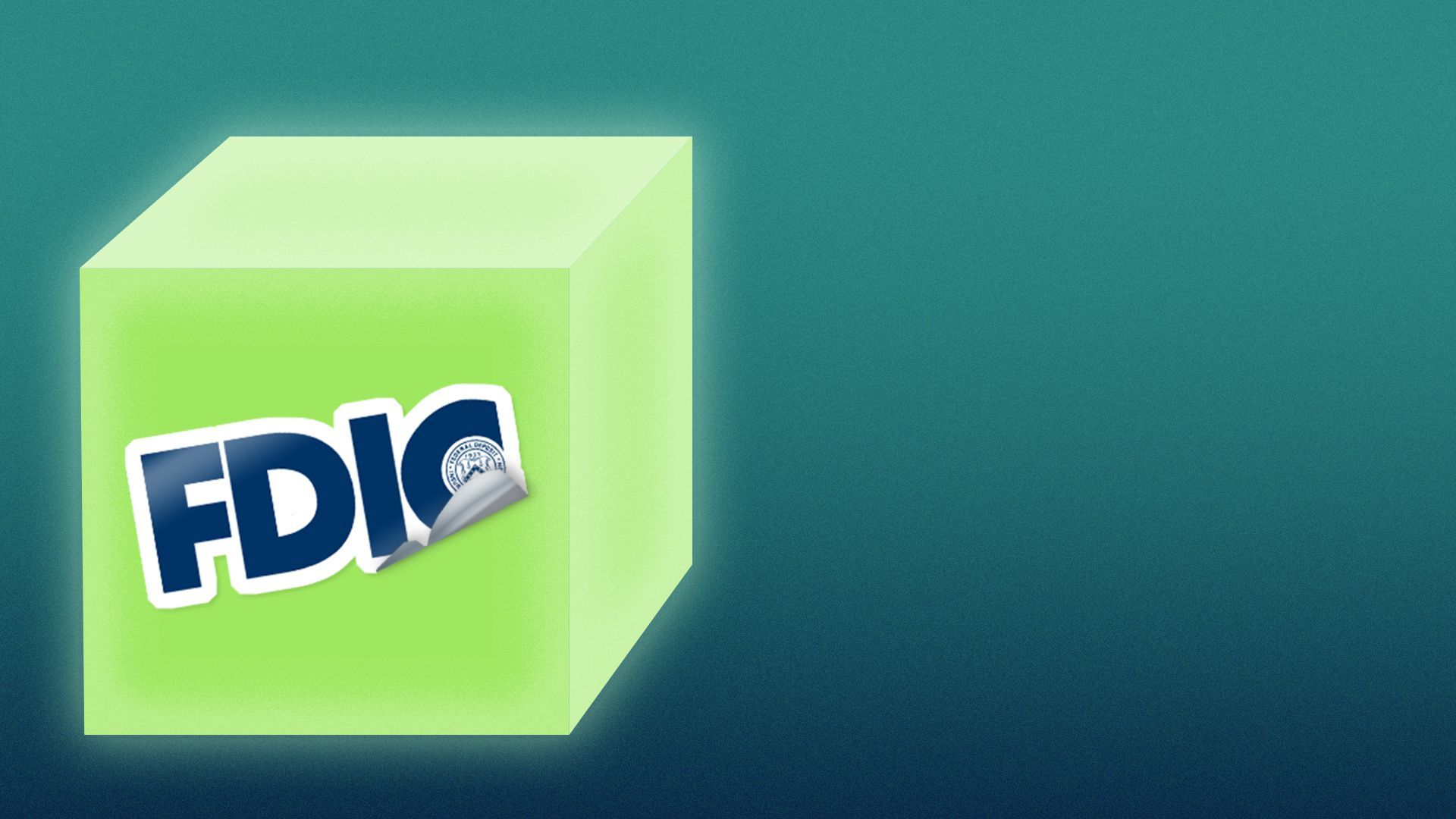 Illustration of an FDIC sticker peeling off of a glowing crypto cube.
