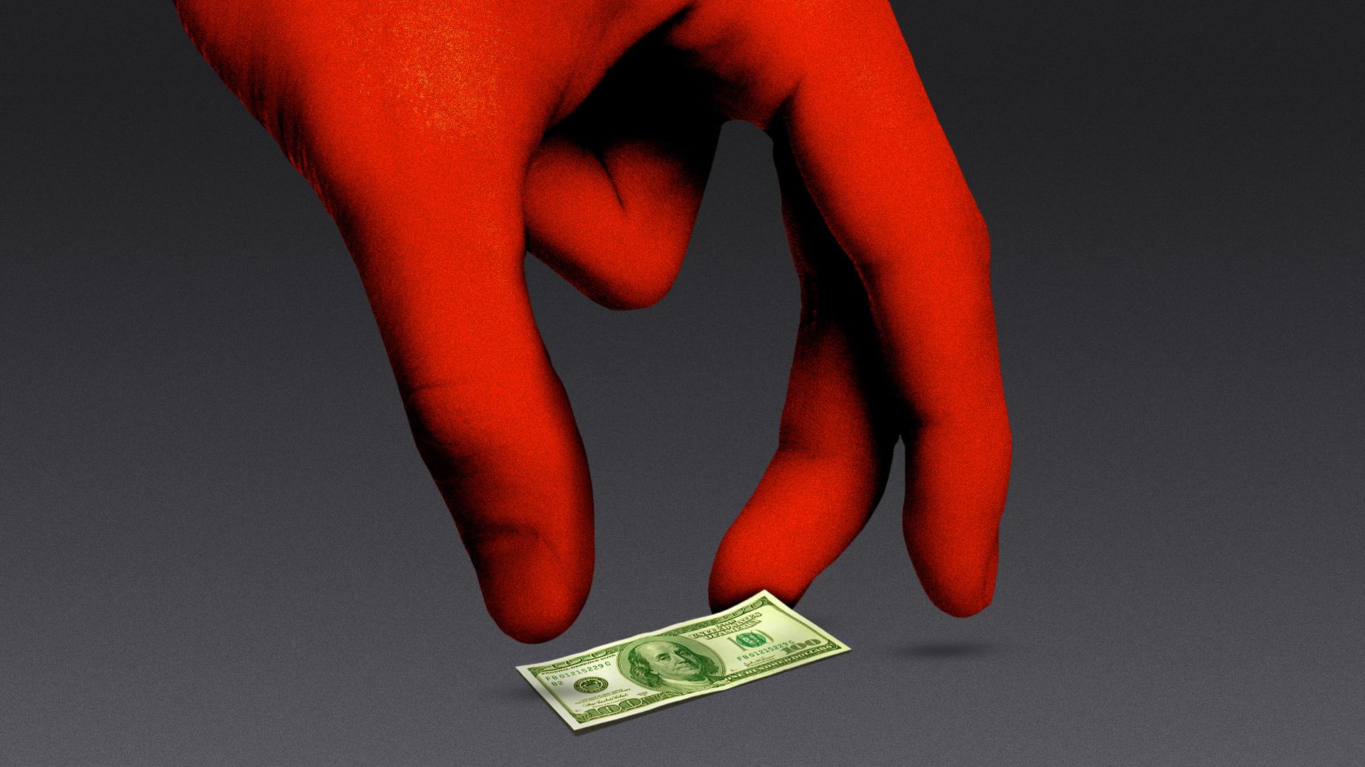 Illustration of a large red hand reaching down to pick up a single, tiny, hundred-dollar bill.